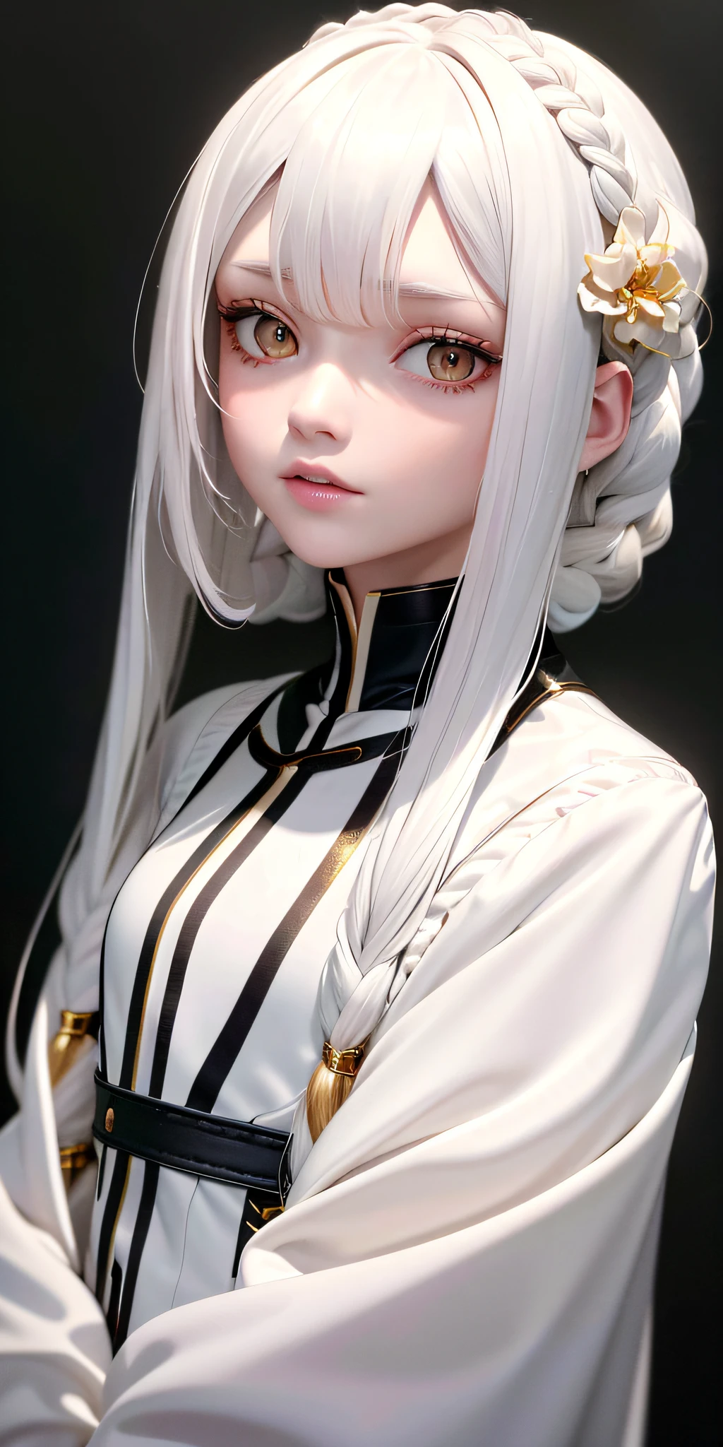 best quality, masterpiece,white hair, gold eyes,white clothes, looking up, upper body,hair strand,Fair skin,side braids