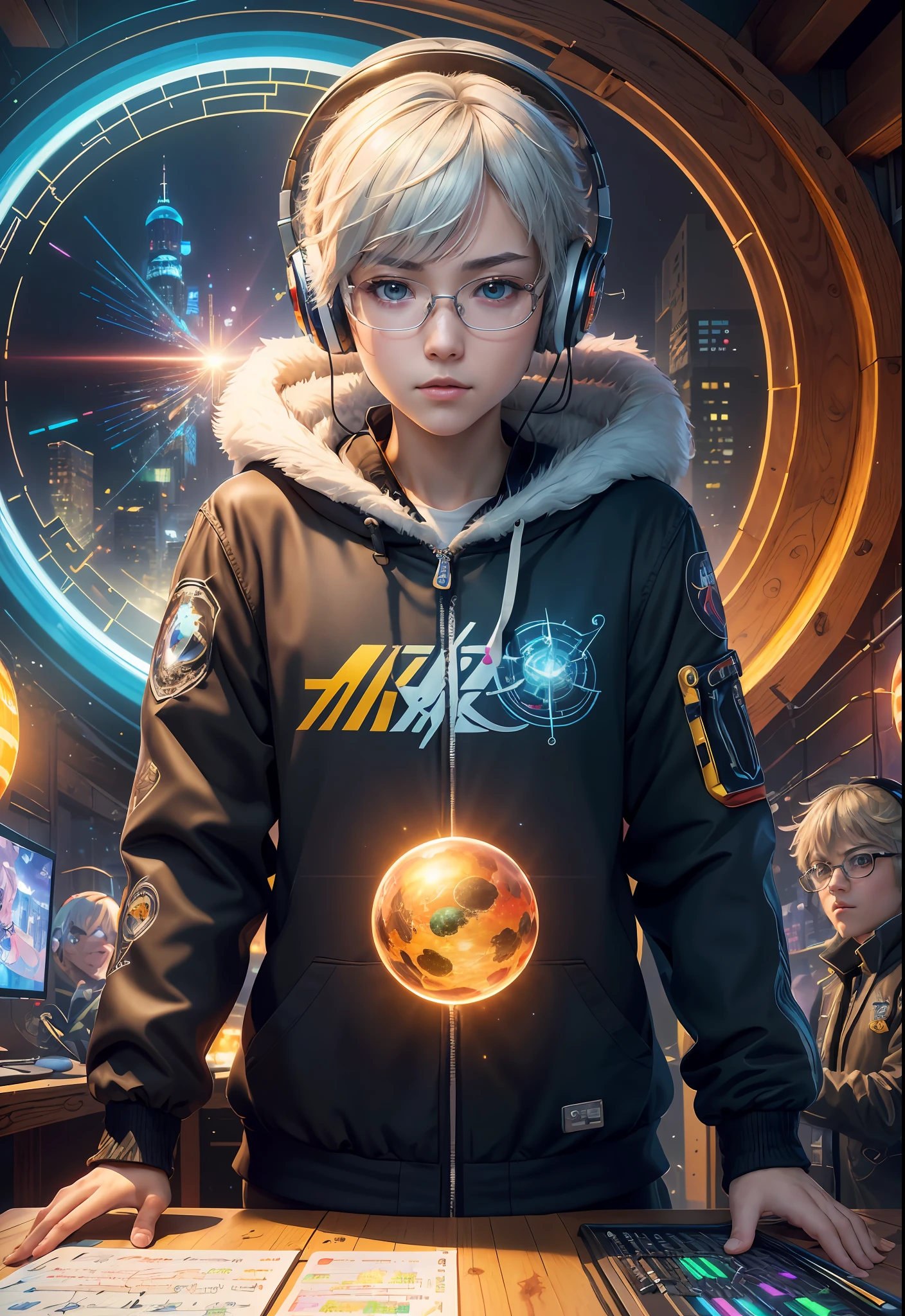 Masterpiece, Best Illustration, Solo, Multiplayer, Handsome Glasses-kun, White-haired Boy, Blonde Girl, Seated, Keyboard \ (Computer \), Fur Decoration, Computer, Monitor, Hood, Jacket, Hood Down (Chair, Headphones, City, Instrument, Cyberpunk, Wooden Toys,\(\(Intricate Details\)\), Color Details, Rainbow Color BREAK, \(\(Best Quality of Masterpiece\)\), 4K, Ultra Detail, Detailed Lighting, \((Inspired by Hayao Miyazaki)\), Official Art, Propaganda art, composition, a giant mirror ball floating in space, twinkling lights, sad lost, particles in the air, intricate fractals, detailed, (illustration), masterpiece, high resolution, best quality. Illuminate people, colorful, master composition, focus on key figures, realism, masterpiece, award-winning, best quality, masterpiece, ultra-detailed, 8K, extremely detailed CG Unity 8k wallpaper, complex, highly detailed, realistic