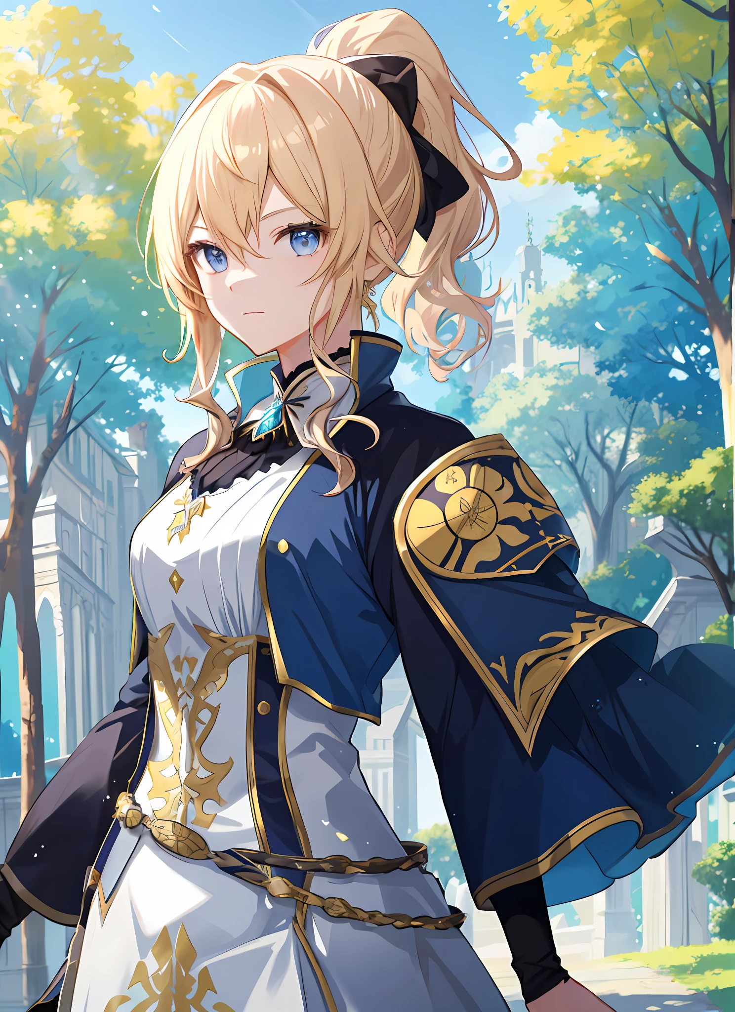 Elegant anime female characters, golden ponytail, extremely attractive eyes, medieval knight and aristocratic costumes, daytime, blue sky, sky, outdoors, under towering trees, cinematic lighting effects, large aperture portrait, dynamic pose, golden ratio, rich details