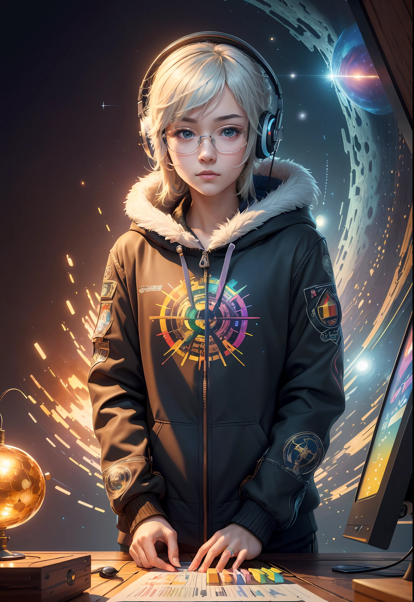 Masterpiece, Best Illustration, Solo, Multiplayer, Handsome Glasses-kun, White-haired Boy, Blonde Girl, Seated, Keyboard \ (Computer \), Fur Decoration, Computer, Monitor, Hood, Jacket, Hood Down (Chair, Headphones, City, Instrument, Cyberpunk, Wooden Toys,\(\(Intricate Details\)\), Color Details, Rainbow Color BREAK, \(\(Best Quality of Masterpiece\)\), 4K, Ultra Detail, Detailed Lighting, \((Inspired by Hayao Miyazaki)\), Official Art, Propaganda art, composition, a giant mirror ball floating in space, twinkling lights, sad lost, particles in the air, intricate fractals, detailed, (illustration), masterpiece, high resolution, best quality. Illuminate people, colorful, master composition, focus on key figures, realism, masterpiece, award-winning, best quality, masterpiece, ultra-detailed, 8K, extremely detailed CG Unity 8k wallpaper, complex, highly detailed, realistic