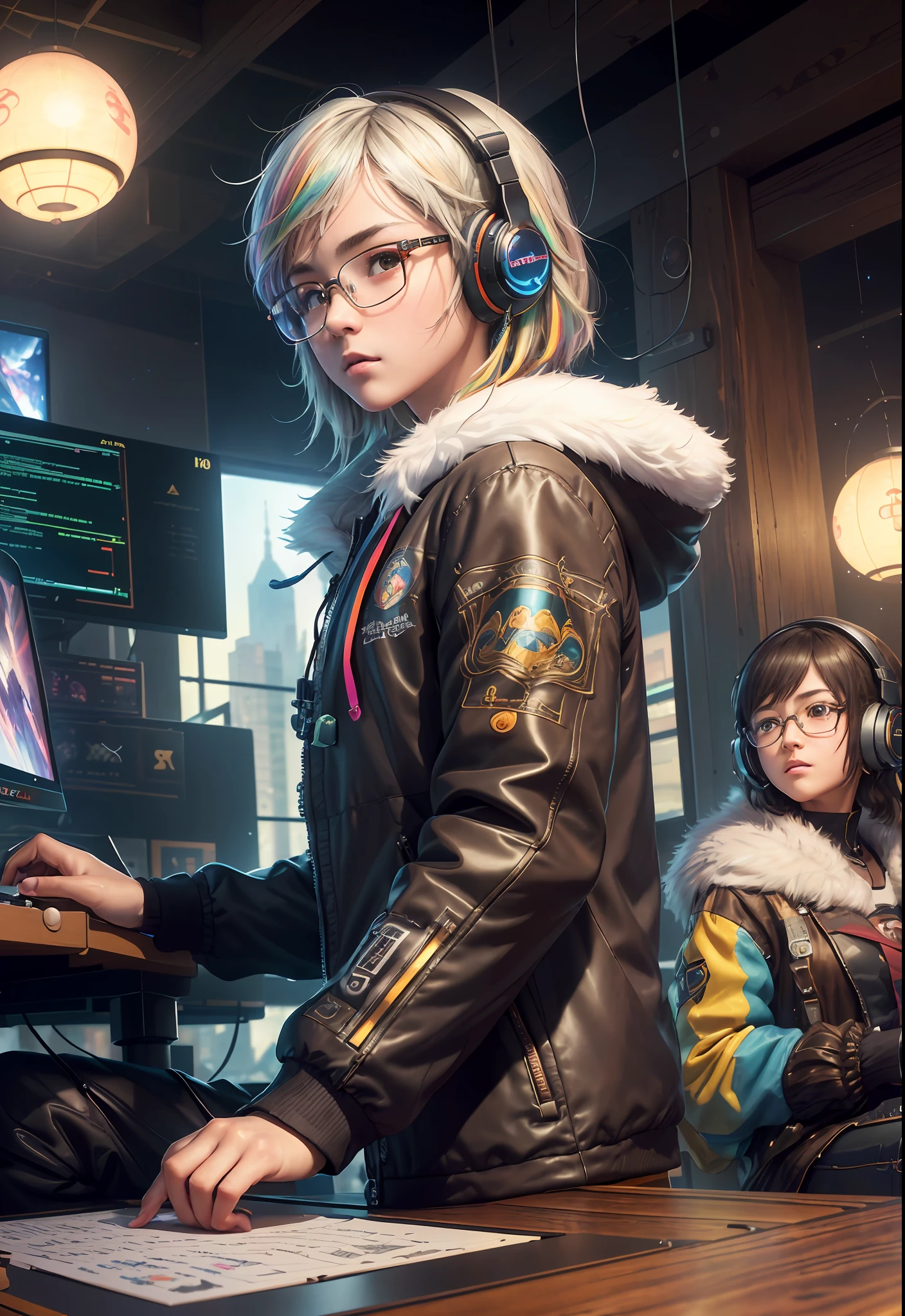 Masterpiece, Best Illustration, Solo, Multiplayer, Handsome Glasses-kun, White-haired Boy, Blonde Girl, Seated, Keyboard \ (Computer \), Fur Decoration, Computer, Monitor, Hood, Jacket, Hood Down (Chair, Headphones, City, Instrument, Cyberpunk, Wooden Toys,\(\(Intricate Details\)\), Color Details, Rainbow Color BREAK, \(\(Best Quality of Masterpiece\)\), 4K, Ultra Detail, Detailed Lighting, \((Inspired by Hayao Miyazaki)\), Official Art, Propaganda art, composition, a giant mirror ball floating in space, twinkling lights, sad lost, particles in the air, intricate fractals, detailed, (illustration), masterpiece, high resolution, best quality. Illuminate people, colorful, master composition, focus on key figures, realism, masterpiece, award-winning, best quality, masterpiece, ultra-detailed, 8K, extremely detailed CG Unity 8k wallpaper, complex, highly detailed, realistic