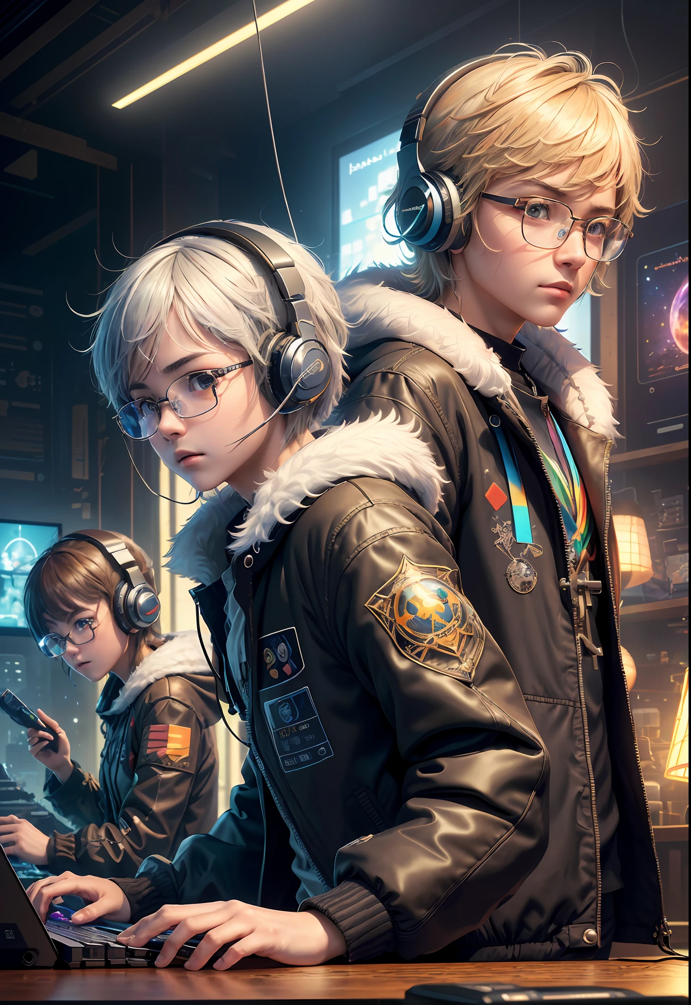 Masterpiece, Best Illustration, Solo, Multiplayer, Handsome Glasses-kun, White-haired Boy, Blonde Girl, Seated, Keyboard \ (Computer \), Fur Decoration, Computer, Monitor, Hood, Jacket, Hood Down (Chair, Headphones, City, Instrument, Cyberpunk, Wooden Toys,\(\(Intricate Details\)\), Color Details, Rainbow Color BREAK, \(\(Best Quality of Masterpiece\)\), 4K, Ultra Detail, Detailed Lighting, \((Inspired by Hayao Miyazaki)\), Official Art, Propaganda art, composition, a giant mirror ball floating in space, twinkling lights, sad lost, particles in the air, intricate fractals, detailed, (illustration), masterpiece, high resolution, best quality. Illuminate people, colorful, master composition, focus on key figures, realism, masterpiece, award-winning, best quality, masterpiece, ultra-detailed, 8K, extremely detailed CG Unity 8k wallpaper, complex, highly detailed, realistic