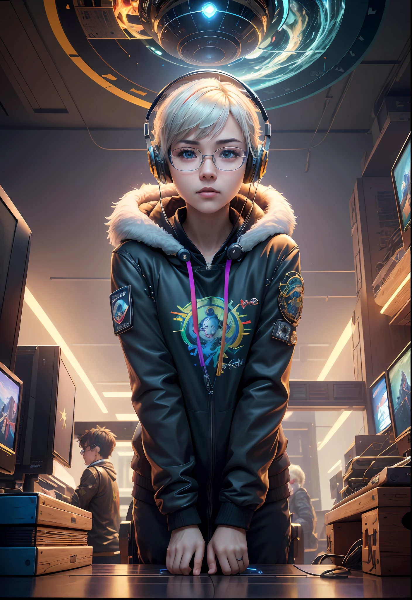 Masterpiece, Best Illustration, Solo, Multiplayer, Handsome Glasses-kun, White-haired Boy, Blonde Girl, Seated, Keyboard \ (Computer \), Fur Decoration, Computer, Monitor, Hood, Jacket, Hood Down (Chair, Headphones, City, Instrument, Cyberpunk, Wooden Toys,\(\(Intricate Details\)\), Color Details, Rainbow Color BREAK, \(\(Best Quality of Masterpiece\)\), 4K, Ultra Detail, Detailed Lighting, \((Inspired by Hayao Miyazaki)\), Official Art, Propaganda art, composition, a giant mirror ball floating in space, twinkling lights, sad lost, particles in the air, intricate fractals, detailed, (illustration), masterpiece, high resolution, best quality. Illuminate people, colorful, master composition, focus on key figures, realism, masterpiece, award-winning, best quality, masterpiece, ultra-detailed, 8K, extremely detailed CG Unity 8k wallpaper, complex, highly detailed, realistic