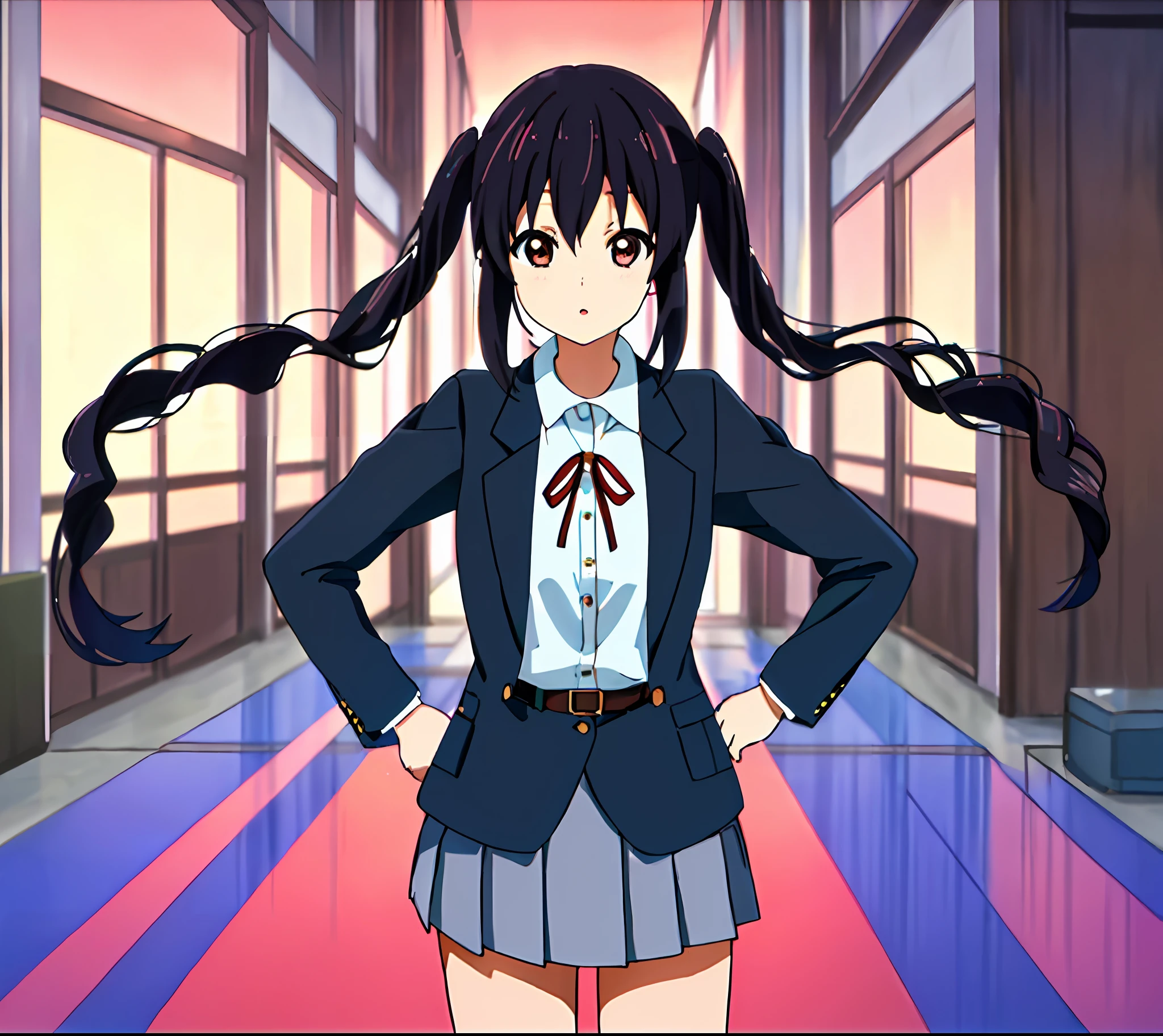 1girl, ((((Masterpiece))), Best Quality, Best Quality, High Detail, Azusa Nakano, 1girl, Sakuragaoka High School Uniform, Musical Instrument, School Uniform, Twin Tails, Long Hair, Black Hair, Brown Eyes, Solo, Red, Dark blue blazer with a thin ribbon of red, Solid white button shirt under blazer, Illustration, Cartoon, Soothing tones, Muted colors, Soft cinematic light, Adobe Lightroom, Photo Lab, HDR, complex and highly detailed, (((depth of field))))). (((Masterpiece))). (((highest quality))).) ((super detail))). Put your hands on your hips, stretch your chest, and sunset.