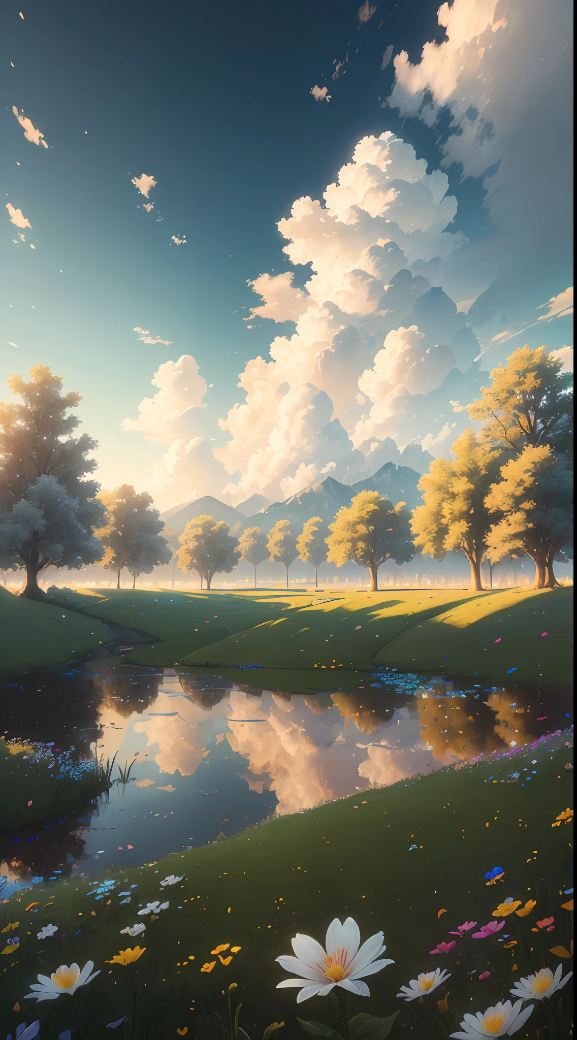 (extremely detailed CG unity 8k wallpaper, masterpiece, best quality, ultra-detailed), luminosity +1.5, floating, high saturation, a serene, idyllic grassland, featuring multicolored petals and foliage, a clear, blue sky, and white, fluffy clouds.