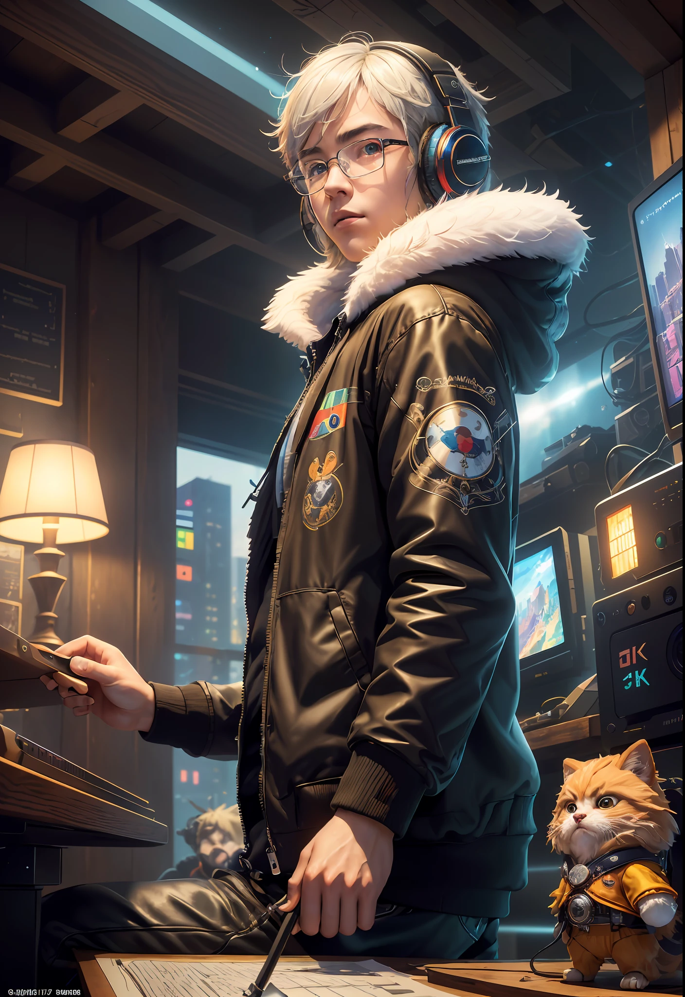 Masterpiece, Best Illustration, Solo, Multiplayer, Handsome Glasses-kun, White-haired Boy, Blonde Girl, Seated, Keyboard \ (Computer \), Fur Decoration, Computer, Monitor, Hood, Jacket, Hood Down (Chair, Headphones, City, Instrument, Cyberpunk, Wooden Toys,\(\(Intricate Details\)\), Color Details, Rainbow Color BREAK, \(\(Best Quality of Masterpiece\)\), 4K, Ultra Detail, Detailed Lighting, \((Inspired by Hayao Miyazaki)\), Official Art, Propaganda art, composition, a giant mirror ball floating in space, twinkling lights, sad lost, particles in the air, intricate fractals, detailed, (illustration), masterpiece, high resolution, best quality. Illuminate people, colorful, master composition, focus on key figures, realism, masterpiece, award-winning, best quality, masterpiece, ultra-detailed, 8K, extremely detailed CG Unity 8k wallpaper, complex, highly detailed, realistic