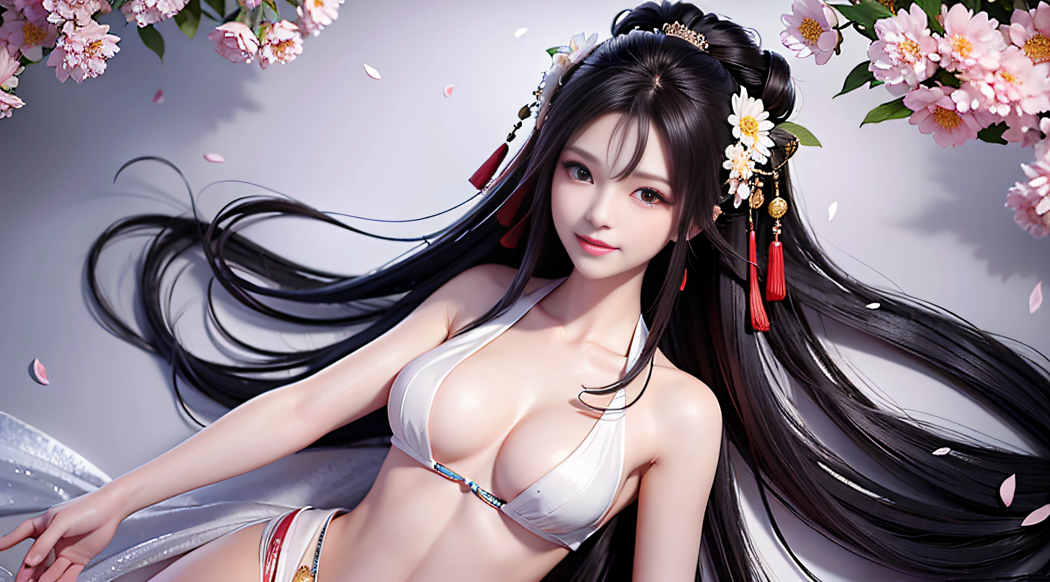detailed, Chinese ink painting style depiction of a beautiful girl with long flowing hair. She is smiling and her hair is floating around her like flower petals. She is wearing an open top with no bra, and her are visible through the fabric. (NSFW:1.1)