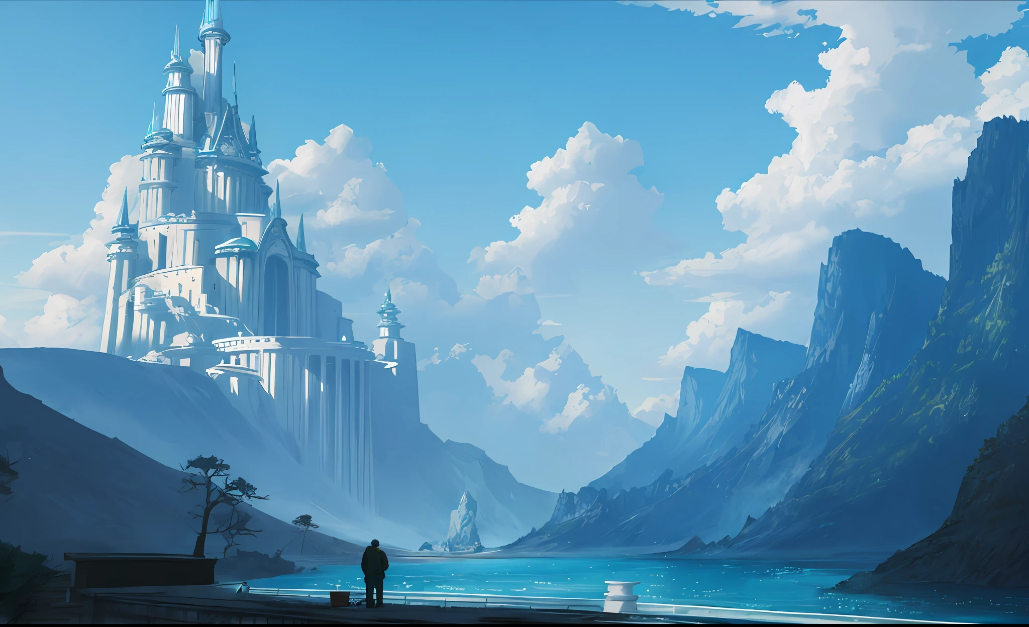 ConceptArt, nobody, landscape, water, sky, day, tree, cloud, waterfall, outdoors, architecture, nature, river, blue sky