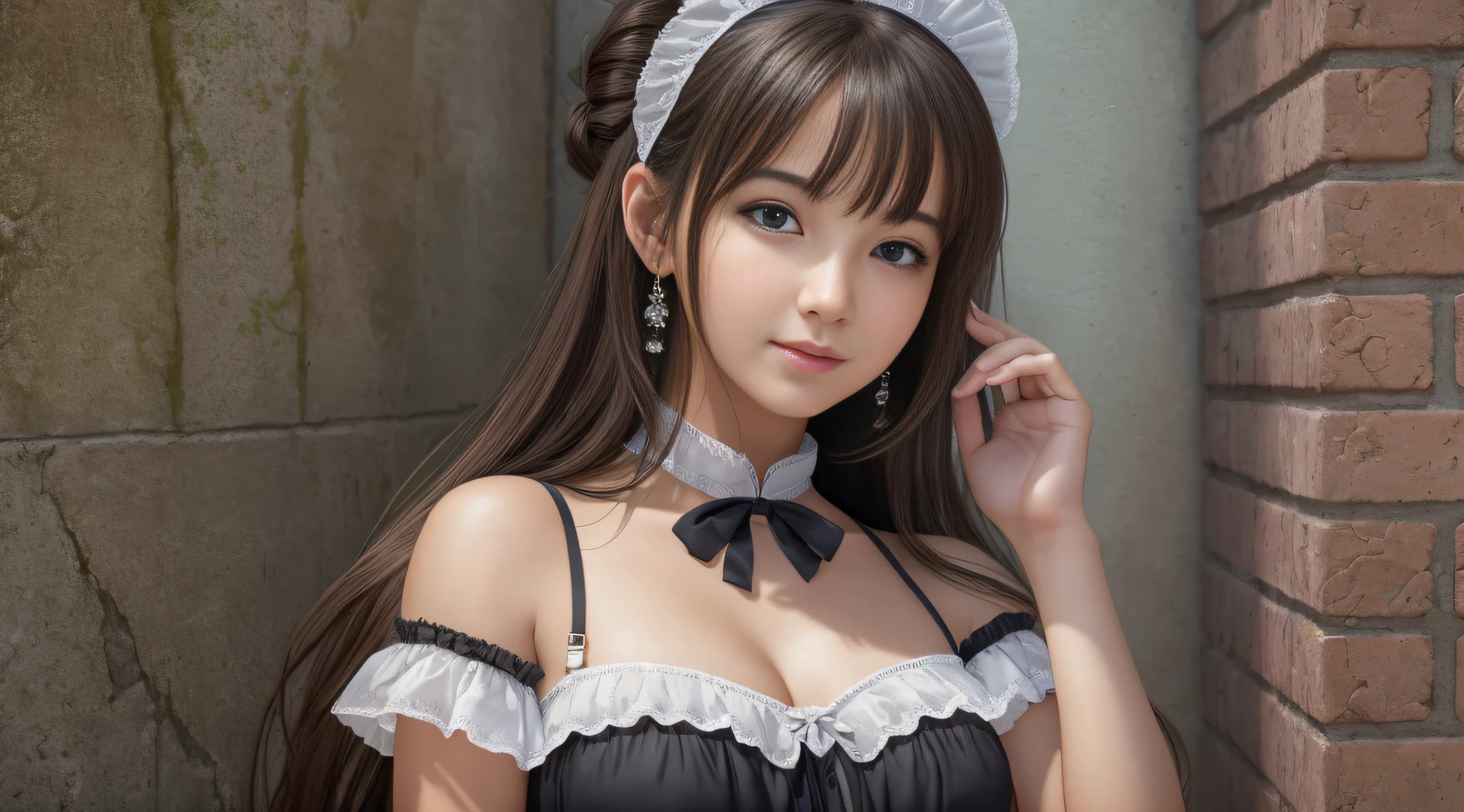 Best quality, masterpiece, ultra high res, (photorealistic:1.4), raw photo, street photography,real，(RAW photo, best quality), (realistic, photo-realistic:1.3), best quality ,masterpiece, an extremely delicate and beautiful, extremely detailed ,CG ,unity ,2k wallpaper, Amazing, finely detail, masterpiece, light smile, best quality, extremely detailed CG unity 8k wallpaper, huge filesize , ultra-detailed, highres, extremely detailed, 1girl, maid, against the wall, hair ornament, looking at looking at viewer, small breasts, pureerosface_v1:0.8 --auto --s2