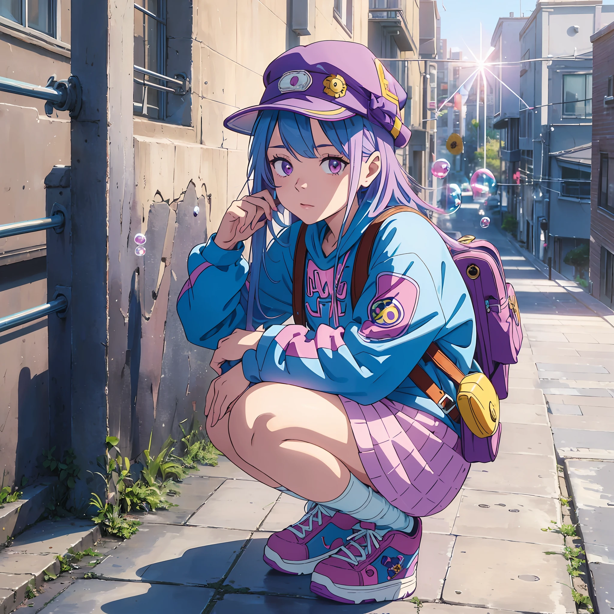 (Masterpiece), (Best Quality), (Extra Detail: 1.4), (Long Blue and Pink Hair), (Purple Eyes), (Bubble Gum), (Hip Hop Style), Purple Hat, (Carrying Yellow Backpack), Squatting on an Iron Railing, One Hand Hanging Between Your Feet, the Other on Your Cheek, and the Sun Rising from Behind --auto --s2