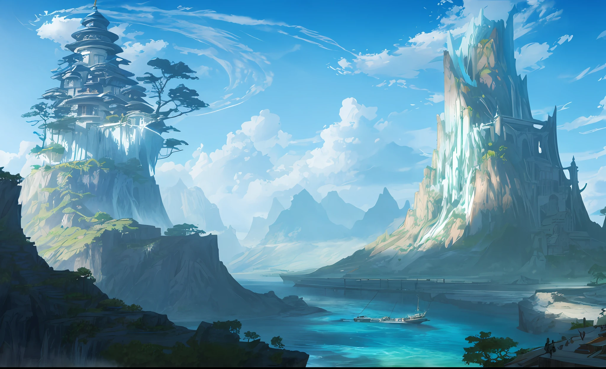 A painting of a mountain with a lake and a castle in the middle - SeaArt AI