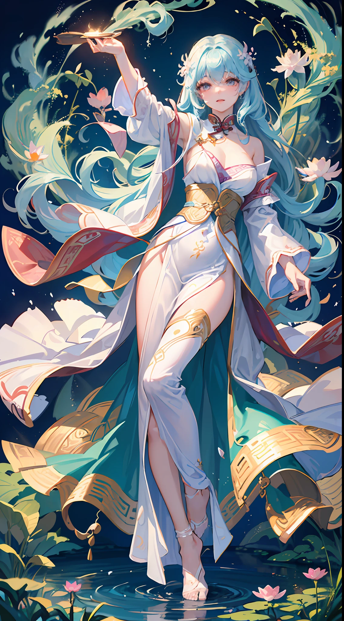 ((High-quality CG, Chinese painting style), (female one), full body picture, a beautiful fairy dancing in the magnificent sky, beautiful and gorgeous posture, beautiful appearance like a flower, dressed in white, like the first bloom of snow lotus, eyes shining with happiness, full of light, brilliant magic array surrounding, containing oriental aesthetics, gorgeous fairy clothes, exquisite posture, long hair like a waterfall, white light flashing, dreamy clouds. --auto --s2