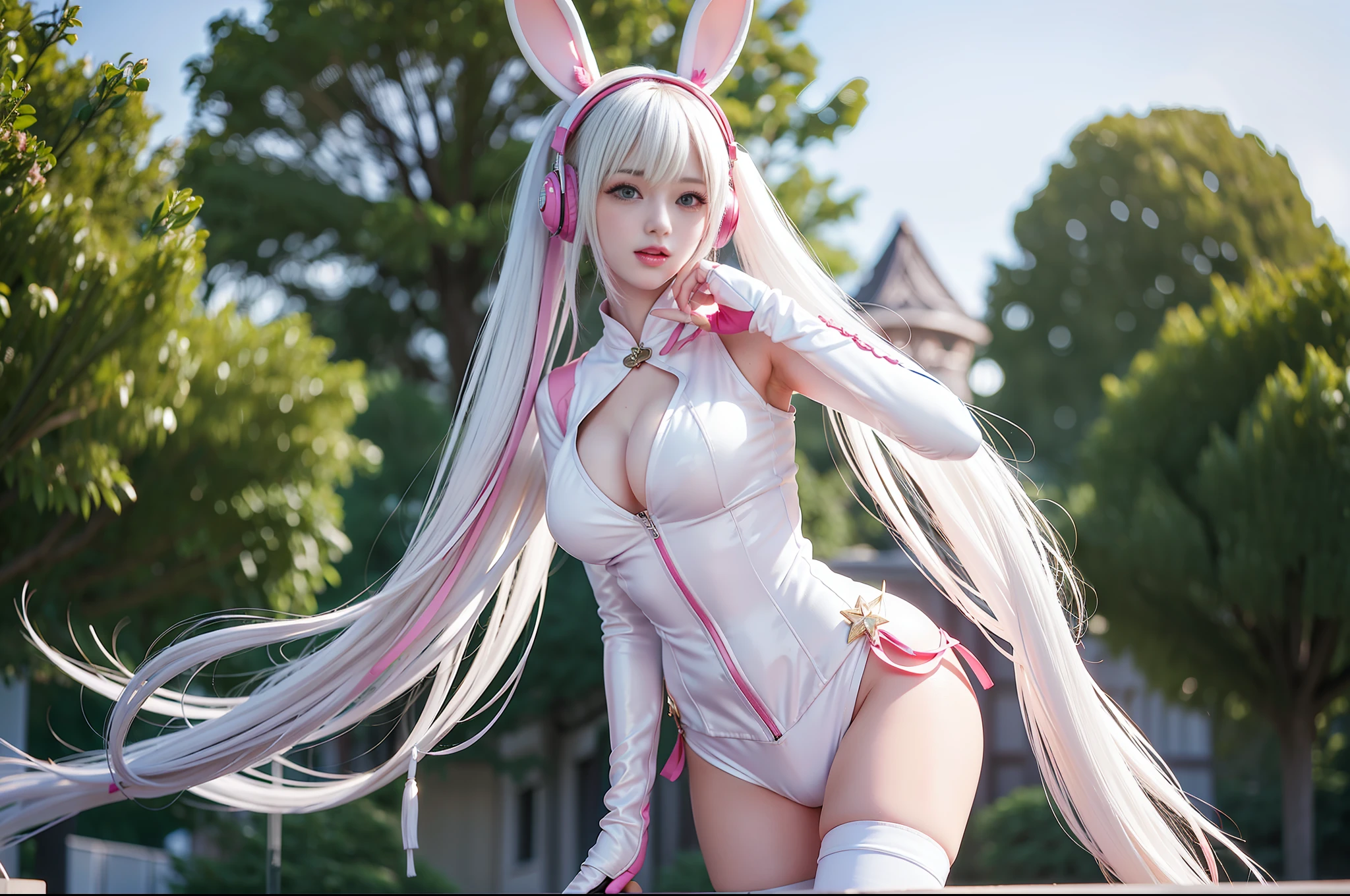 (RAW photo, best quality, masterpiece:1.2), (realistic, photo-realistic:1.4),(masterpiece:1.4),(best quality:1.4),1girl, solo, :d, animal ear headphones, animal ears, arms up, bangs, blush, bodysuit, breasts, bunny pose, clothes writing, covered navel, cowboy shot, cropped jacket, fake animal ears, gloves, outdoor,morning,snow, hair intakes, headphones, impossible bodysuit, impossible clothes, jacket, large breasts, latex, latex bodysuit, long hair, long sleeves, looking at viewer, large breasts, multicolored gloves, open mouth, pink bodysuit, pink eyes, red eyes, red jacket, shiny clothes, shrug \(clothing\), sidelocks, skin tight, smile, thigh gap, thighs, twintails, very long hair, white gloves, white hair,alice \(nikke\),(shiny skin),realistic,