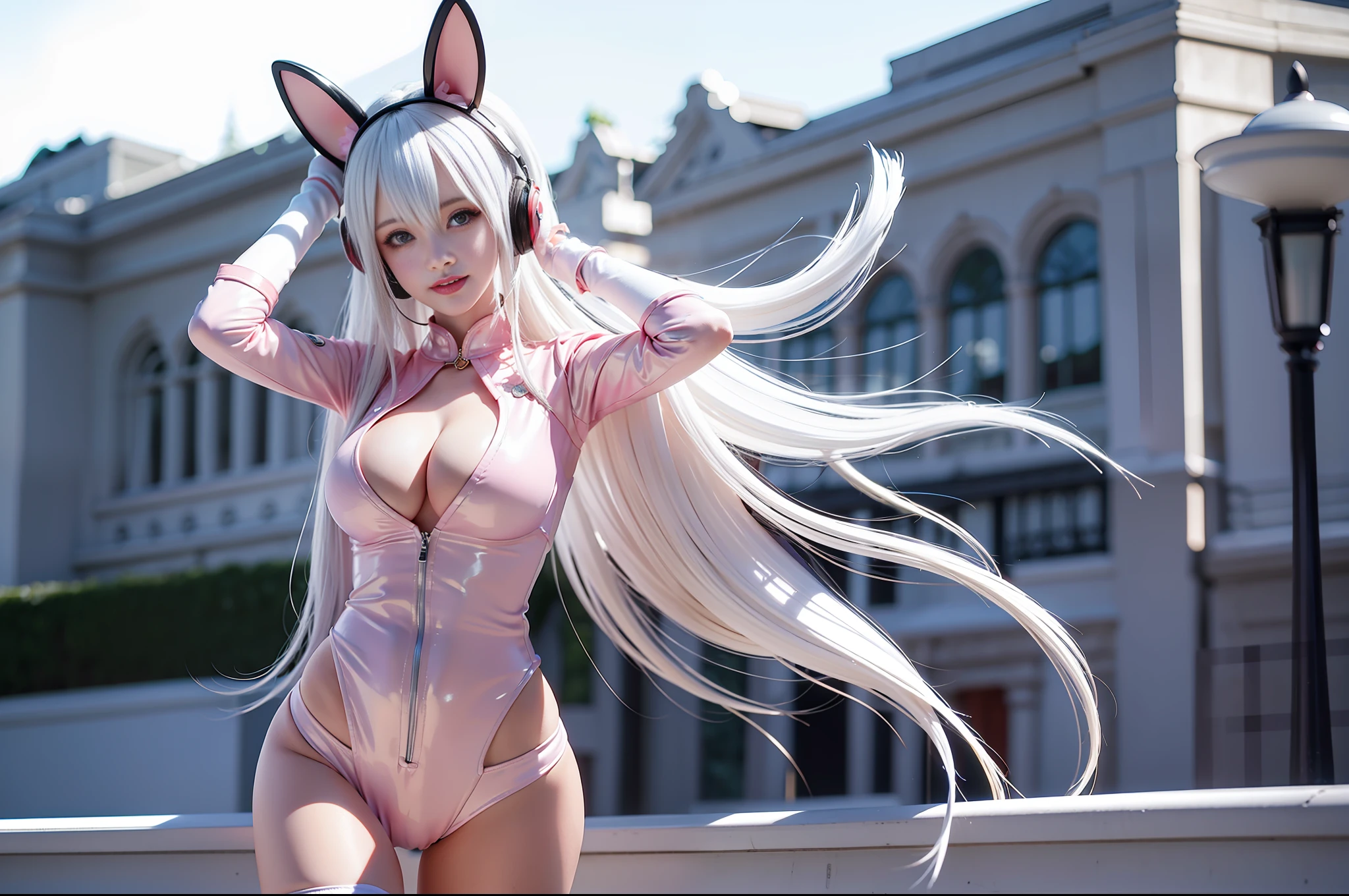 (RAW photo, best quality, masterpiece:1.2), (realistic, photo-realistic:1.4),(masterpiece:1.4),(best quality:1.4),1girl, solo, :d, animal ear headphones, animal ears, arms up, bangs, blush, bodysuit, breasts, bunny pose, clothes writing, covered navel, cowboy shot, cropped jacket, fake animal ears, gloves, outdoor,morning,snow, hair intakes, headphones, impossible bodysuit, impossible clothes, jacket, large breasts, latex, latex bodysuit, long hair, long sleeves, looking at viewer, large breasts, multicolored gloves, open mouth, pink bodysuit, pink eyes, red eyes, red jacket, shiny clothes, shrug \(clothing\), sidelocks, skin tight, smile, thigh gap, thighs, twintails, very long hair, white gloves, white hair,alice \(nikke\),(shiny skin),realistic,