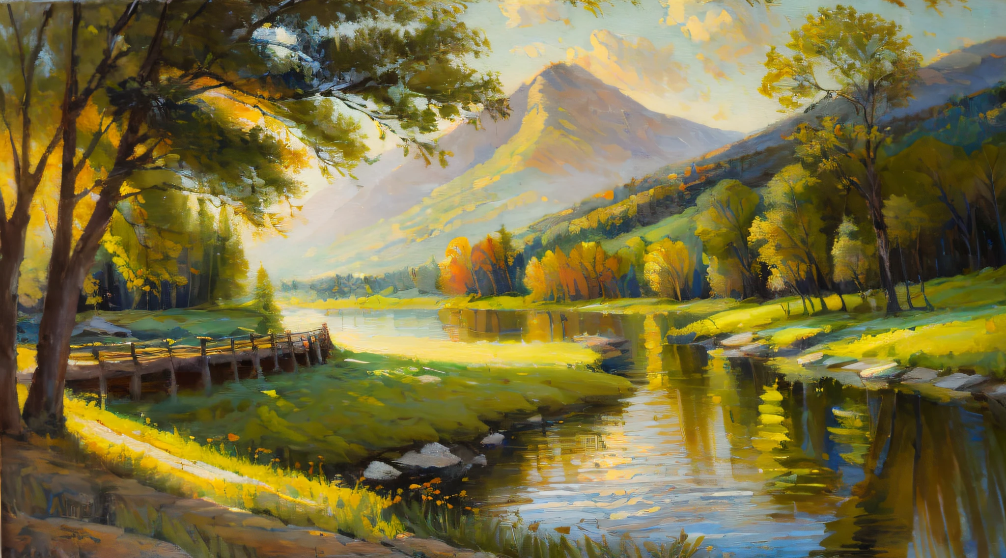 (Best quality),(masterpiece),(ultra detailed),(high detailed),(extremely detailed,)Subject: A serene landscape with a winding river, lush green trees, and a distant mountain range.
Medium: Oil painting.
Canvas Size: 24 inches x 36 inches.
Color Palette: Earth tones with vibrant pops of warm colors.
Mood: Tranquil and peaceful.
Composition: Wide-angle view capturing the vastness of the landscape.
Lighting: Soft, golden sunlight casting long shadows.
Style: Realistic with a touch of impressionism.
Brushwork: Bold and expressive brushstrokes.
Details: Include delicate wildflowers in the foreground and a small wooden bridge crossing the river.
Inspiration: Draw inspiration from the Hudson River School paintings.
Camera Setup: None (since it's an oil painting).
Additional Notes: Emphasize the play of light and shadow on the landscape to create a sense of depth and atmosphere.