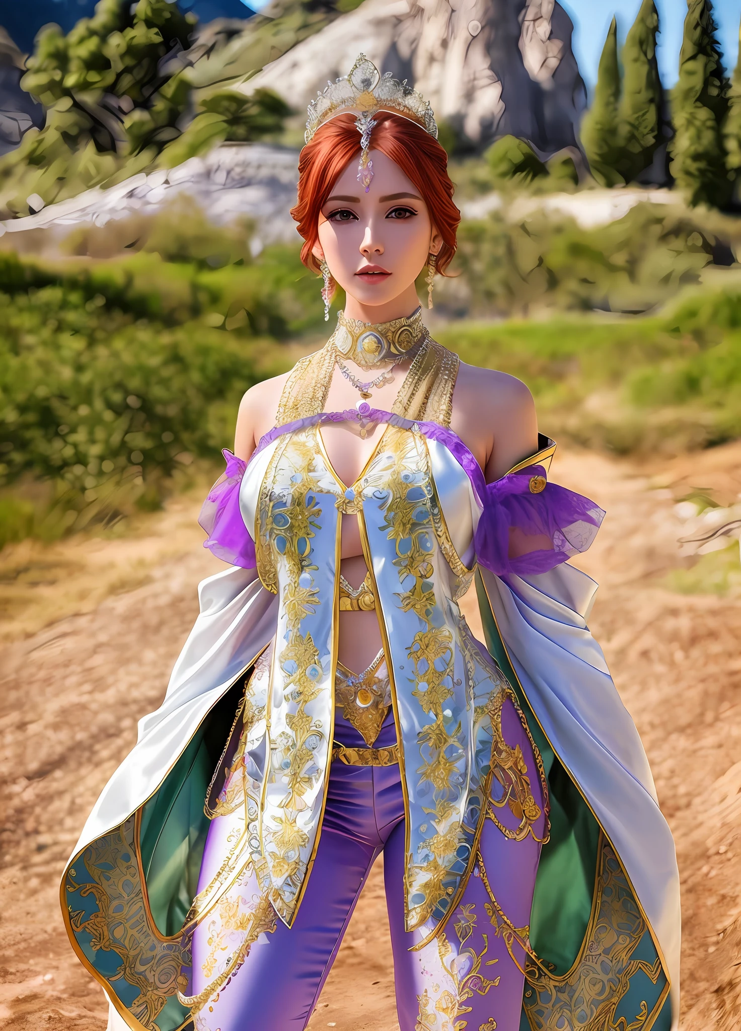 There is a woman in a costume standing on a dirt road, ornate pants armor, costume outfit, seductive Mesmer woman, wearing fancy clothes, extremely detailed goddess shot, very detailed and rich clothes, chic clothes, heavy white and gold armor, shiny white armor, very beautiful sensual top model, warrior outfit, photogenic details on the armor, 8k, realistic, +18, redhead, chalkney skin, princess, lilac outfit with white, tiara over head, gold chains over clothing, as realistic as possible, perfect face, real face