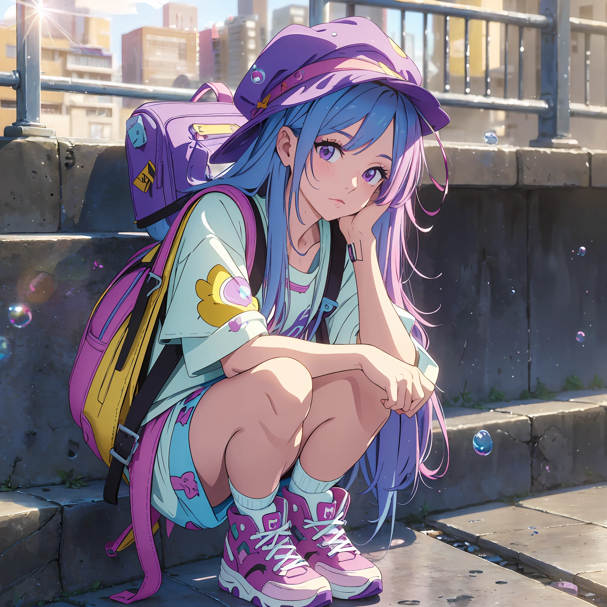 (Masterpiece), (Best Quality), (Extra Detail: 1.4), (Long Blue and Pink Hair), (Purple Eyes), (Bubble Gum), (Hip Hop Style), Purple Hat, (Carrying Yellow Backpack), Squatting on an Iron Railing, One Hand Hanging Between Your Feet, the Other on Your Cheek, and the Sun Rising from Behind --auto --s2