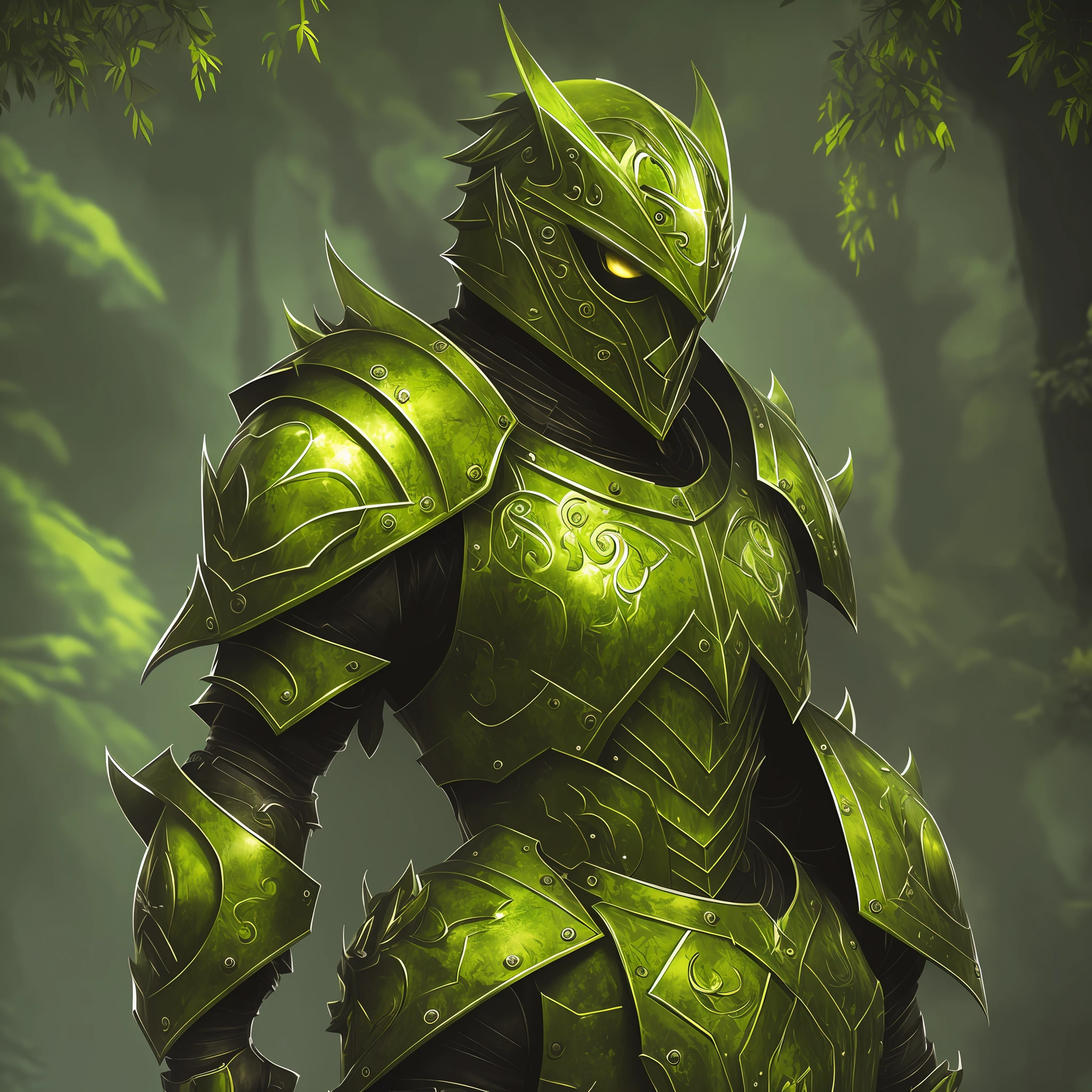(green monster bodyguard), (green armor:1.2) with yellow details, (made of bush:1.1), (with intimidating appearance:1.2), conceptual illustration style --auto --s2