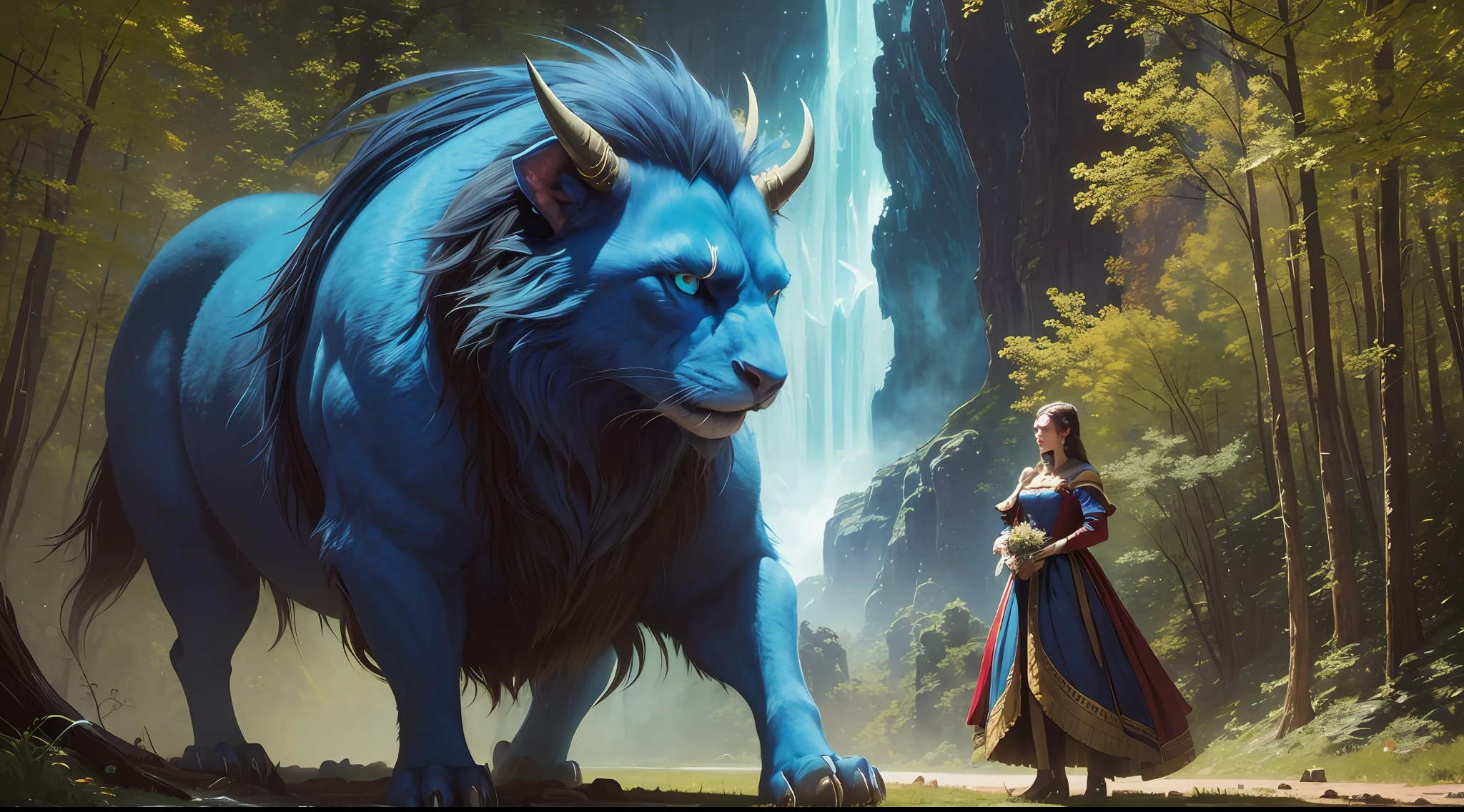 A painting that captures a moment of unexpected companionship between a (radiant woman in an elaborate royal dress:1.3) and a (large, grotesque beast:1.2). The woman's expression is soft and non-threatening, and she's looking towards the beast with (compassionate blue eyes:1.4). The beast has a (soft look in its monstrous eyes:1.2), adding a layer of depth and sensitivity to the narrative. The style and color palette are inspired by the Hudson River School, specifically (Albert Bierstadt:1.3) and (Thomas Cole:1.2), emphasizing natural elements, light, and color.
Negative prompts: No futuristic elements, (surreal style:0.8), (use of stark geometric shapes:0.7)