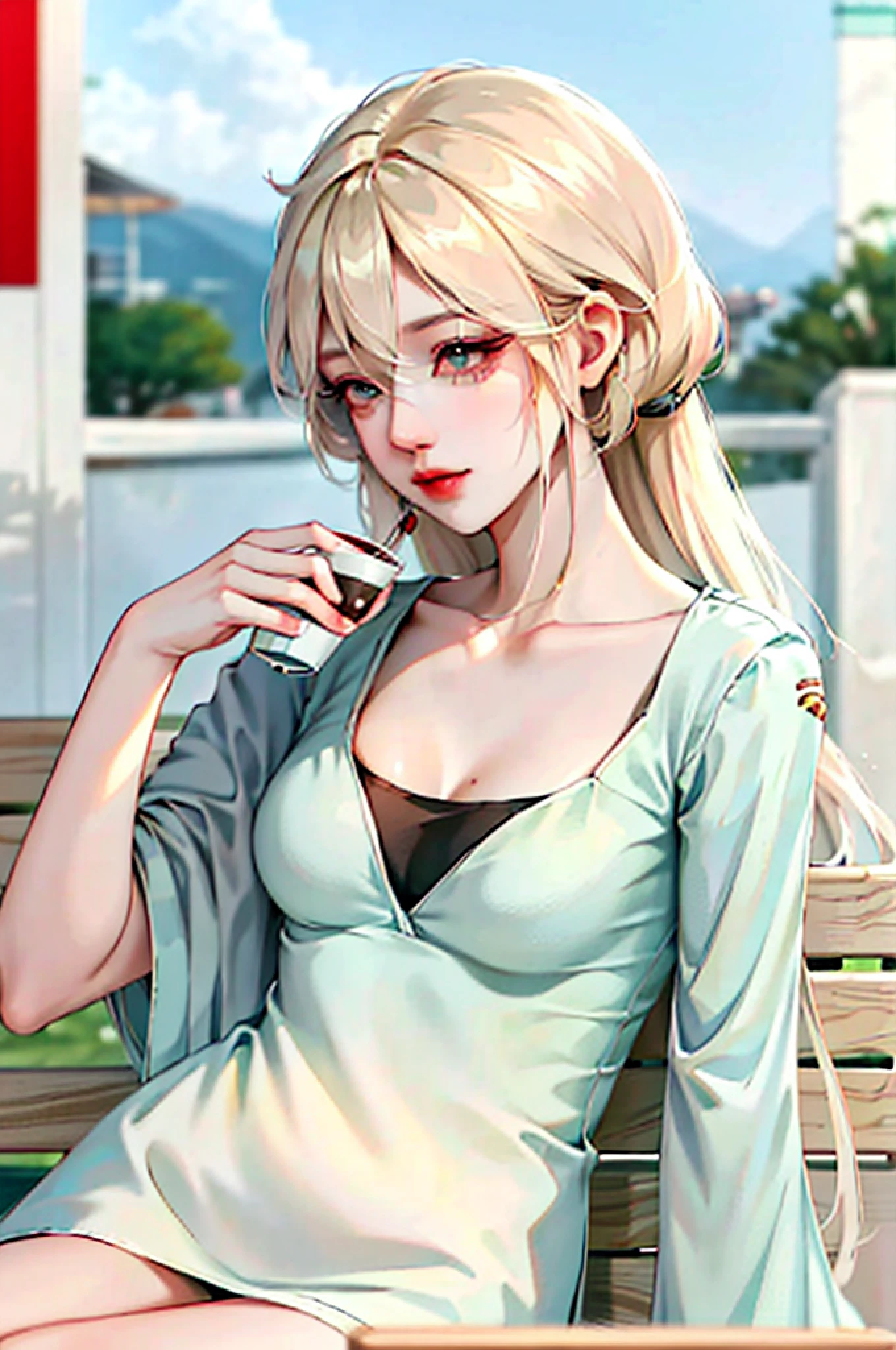 blond haired woman sitting on a bench holding a cup of coffee, trending on cgstation, realistic anime 3 d style, artwork in the style of guweiz, perfect white haired girl, anime girl in real life, photorealistic anime girl render, anime style. 8k, anime styled 3d, mysterious coffee shop girl, trending at cgstation, 3 d anime realistic
