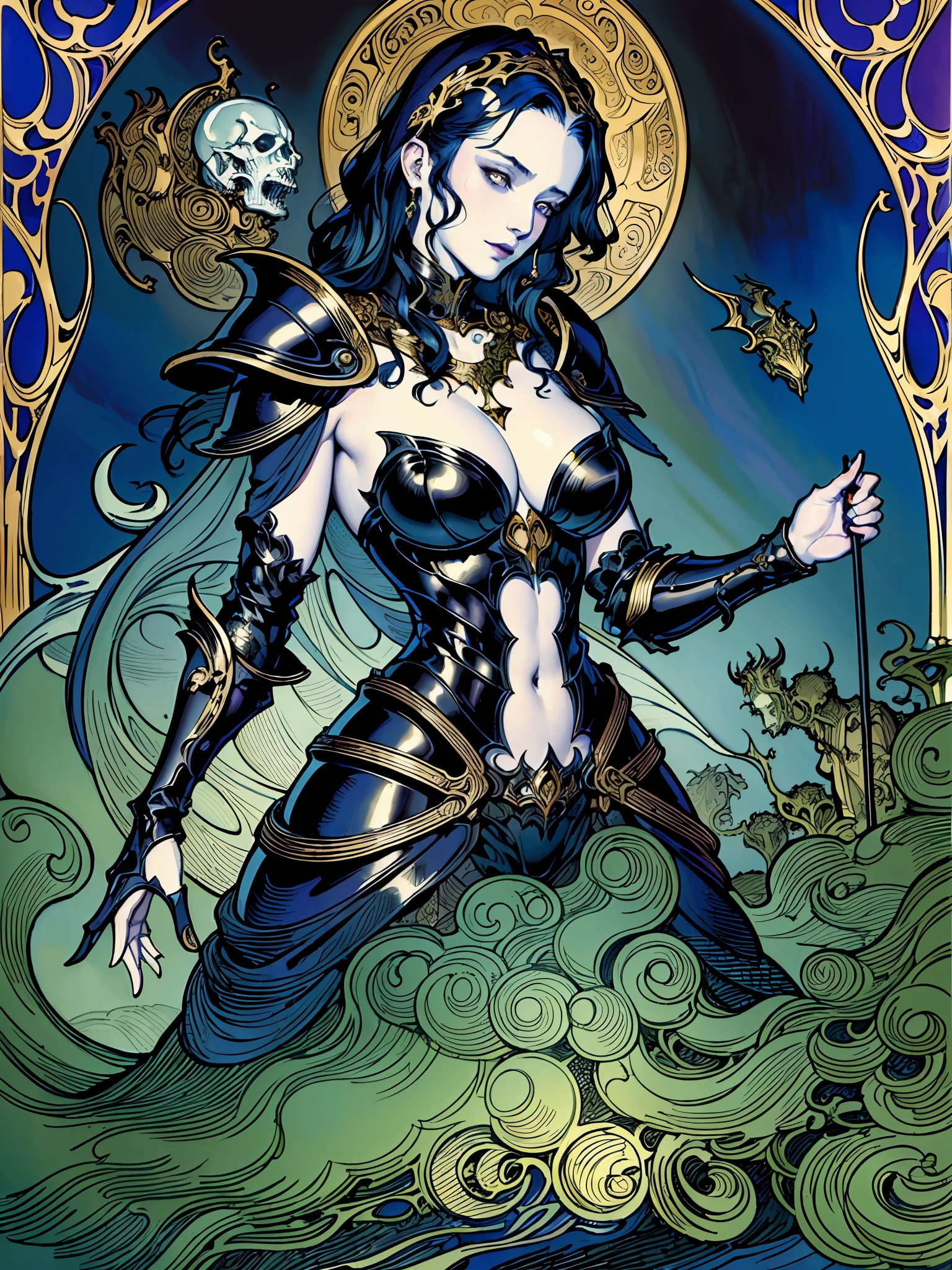 (masterpiece, best quality, ultra high res:1.2), highly detailed, fantasy illustration, (rebecca guay:1.4), 1girl, necromancer, (black armor), undead, ghosts, wraiths, night, dark theme, visually stunning, beautiful, award-winning art