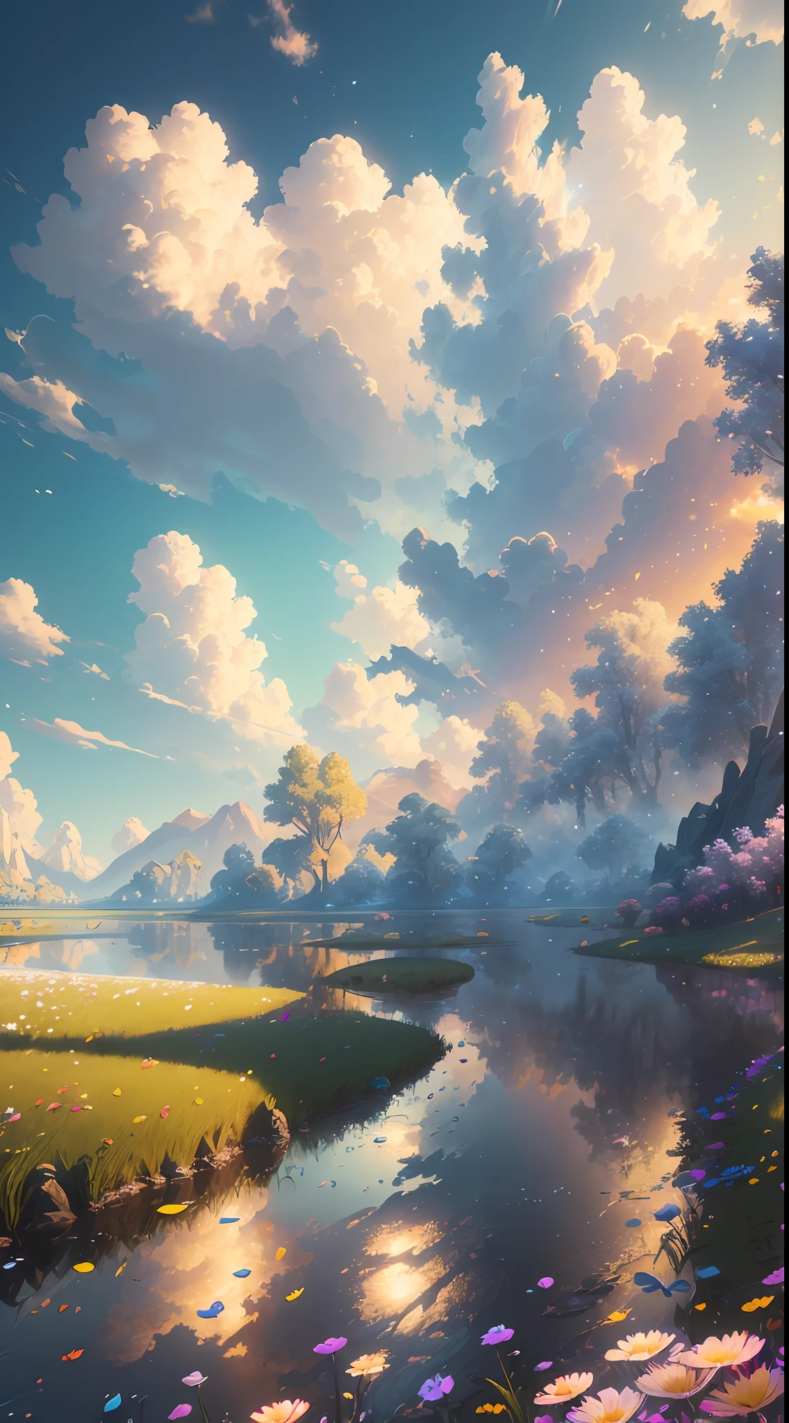 (extremely detailed CG unity 8k wallpaper, masterpiece, best quality, ultra-detailed), luminosity +1.5, floating, high saturation, a serene, idyllic grassland, featuring multicolored petals and foliage, a clear, blue sky, and white, fluffy clouds.