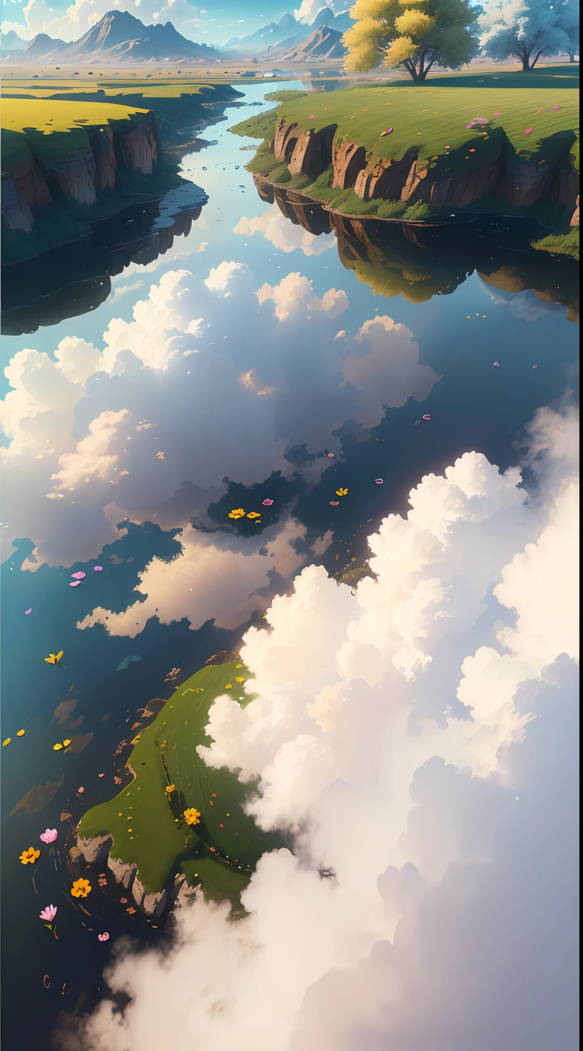 (extremely detailed CG unity 8k wallpaper, masterpiece, best quality, ultra-detailed), luminosity +1.5, floating, high saturation, a serene, idyllic grassland, featuring multicolored petals and foliage, a clear, blue sky, and white, fluffy clouds.
