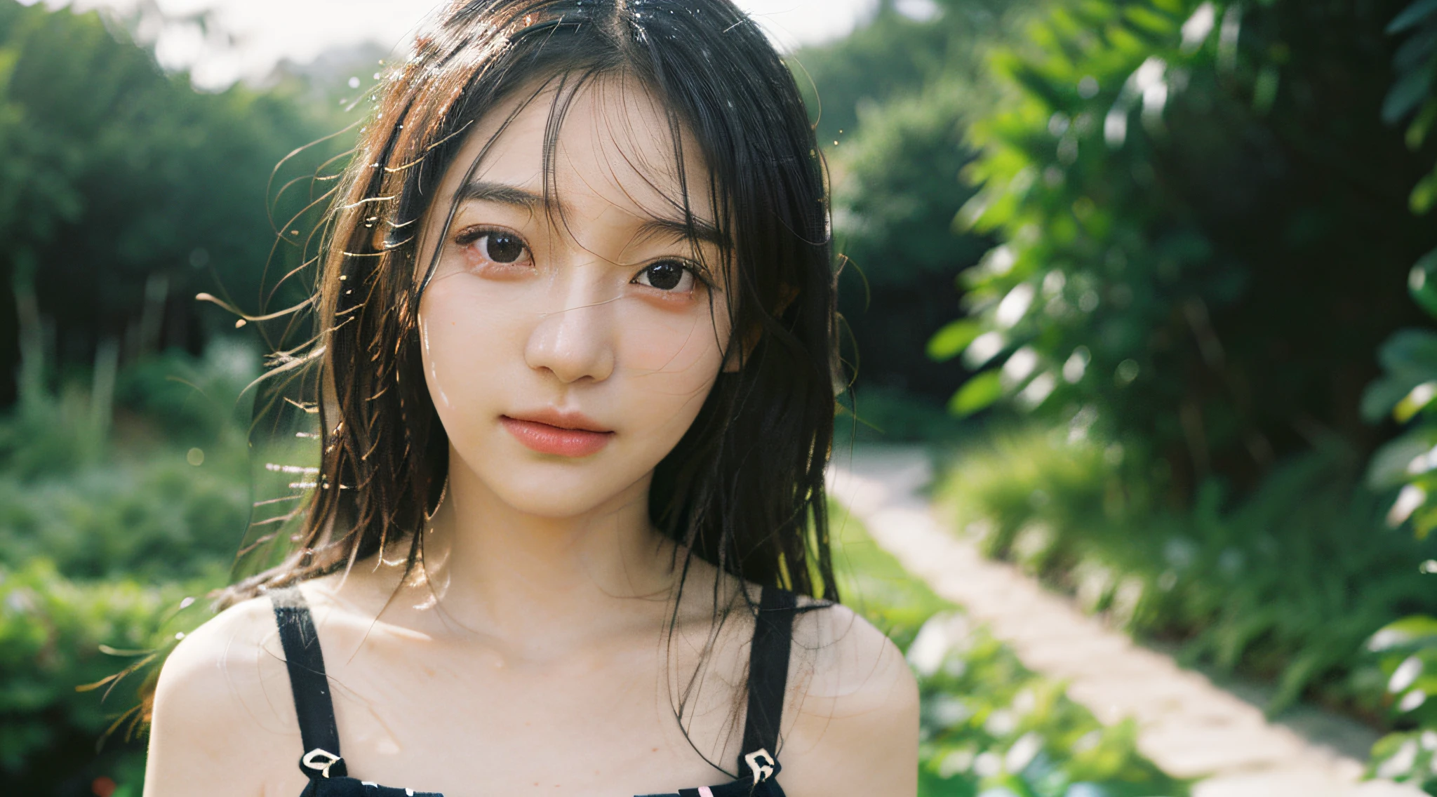 Best quality, masterpiece, super high resolution, (realistic: 1.4), original photo, wallpaper, bust photo, skin, simple background, black eyes, detail, 1 girl, 12 years old, breeze, water mist, garden