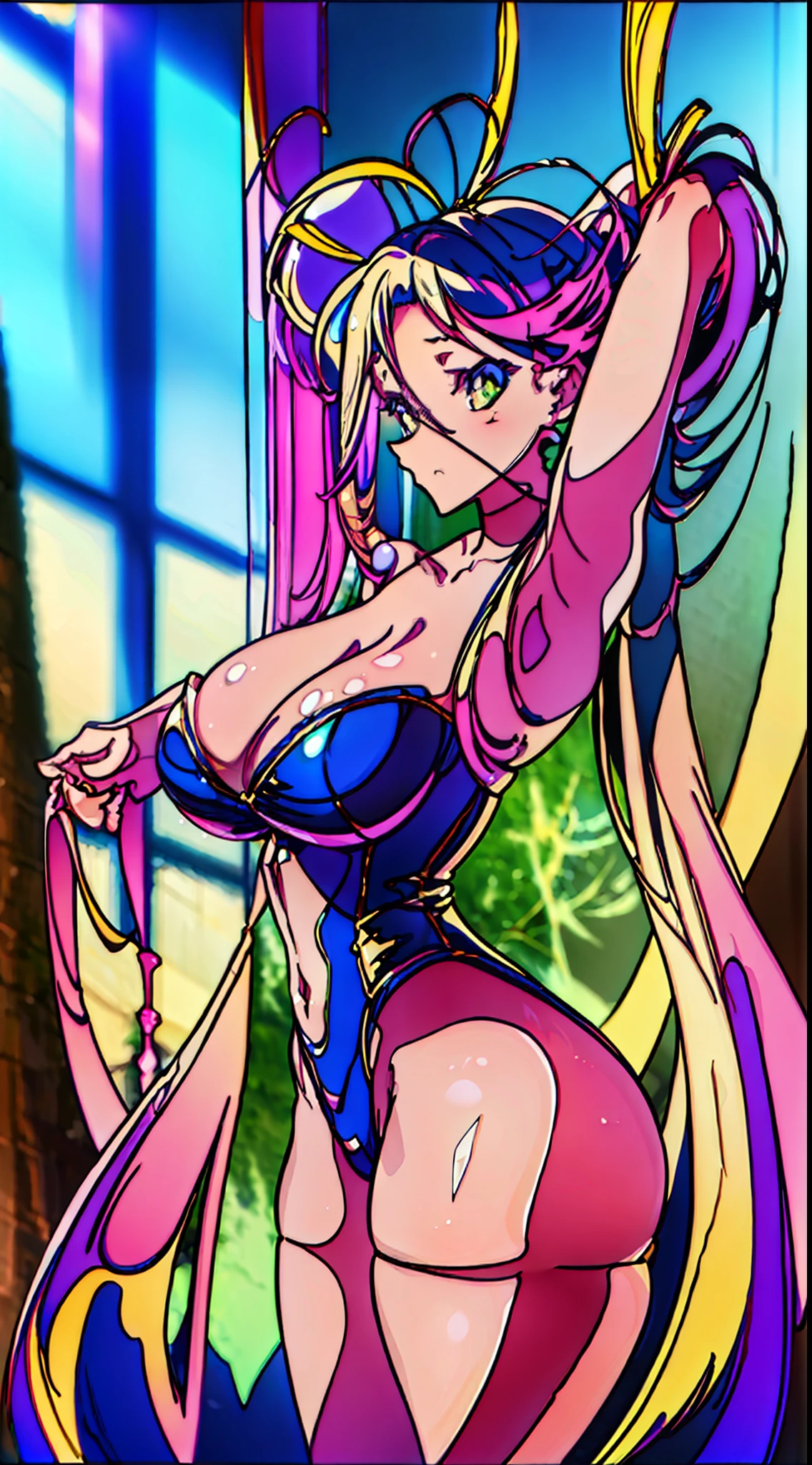 (Best quality, masterpiece:1.2) from side, turned to the side, , short, petite, no background, serious face, full body, standing, arms up, arched back, leotard, areola, puffy nips, bare legs, perky breasts, huge breasts, curvy, thin, slim body, perky breasts