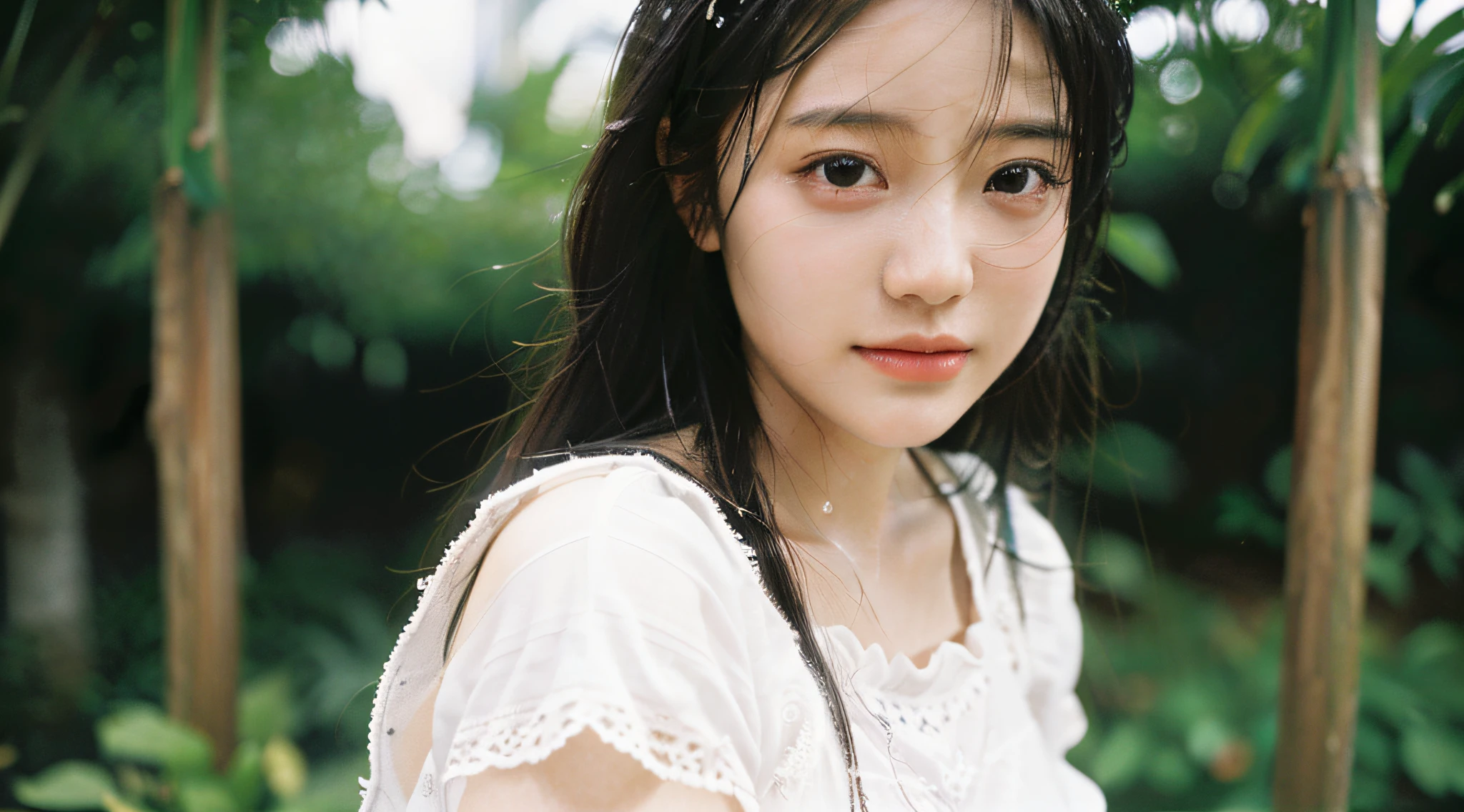 Best quality, masterpiece, super high resolution, (realistic: 1.4), original photo, wallpaper, bust photo, skin, simple background, black eyes, detail, 1 girl, , breeze, water mist, garden
