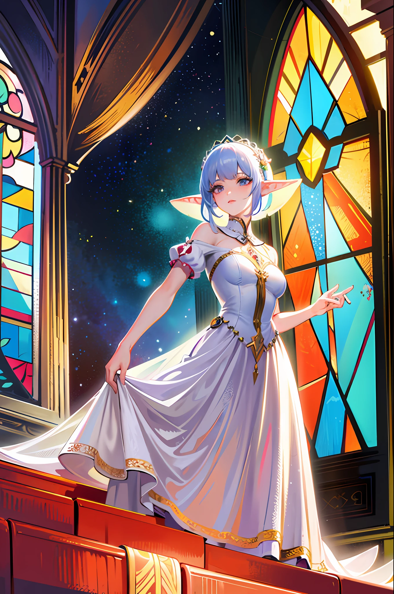 Masterpiece, top quality, best quality, official art, (beauty and aesthetics: 1.3), extreme detail, (fractal art), colorful, realistic style, official wallpaper, 1lady, elf long ears, wedding dress, church, stained glass windows