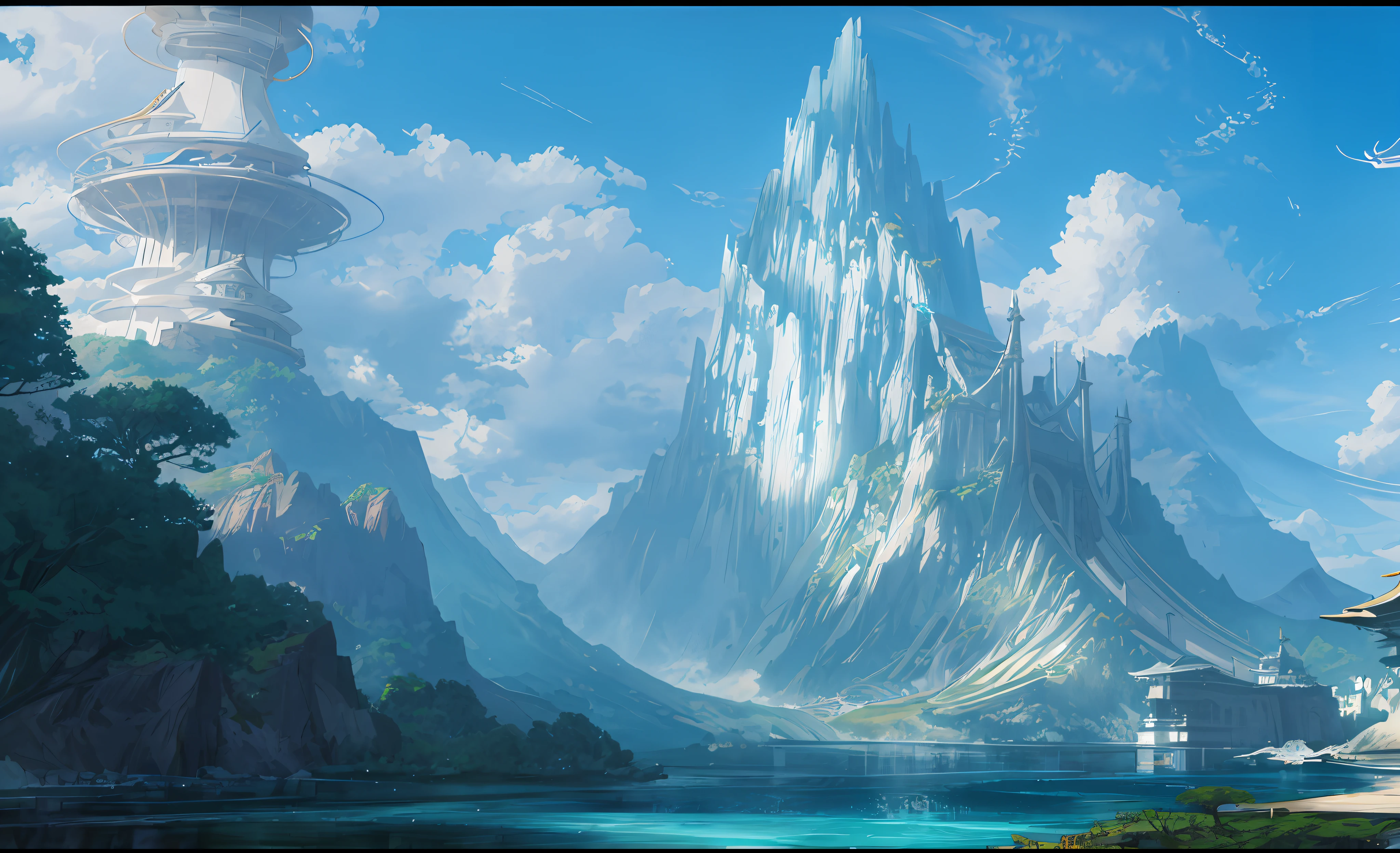 ConceptArt, nobody, landscape, water, sky, day, tree, cloud, waterfall, outdoors, architecture, nature, river, blue sky