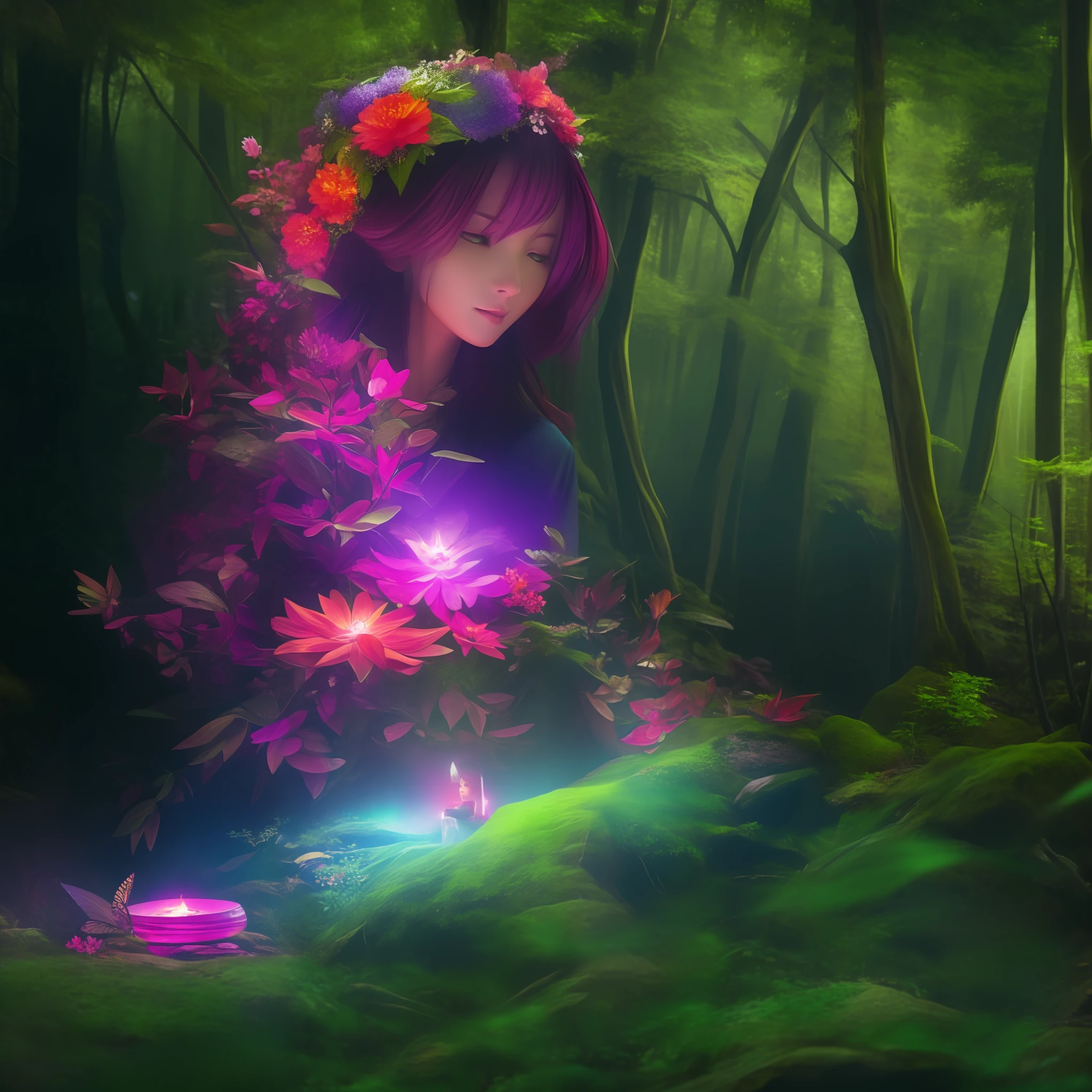 A mysterious, enigmatic goddess of dreams, sitting in a dark forest, surrounded by mist.((best quality)), Flower, 4k, colorful