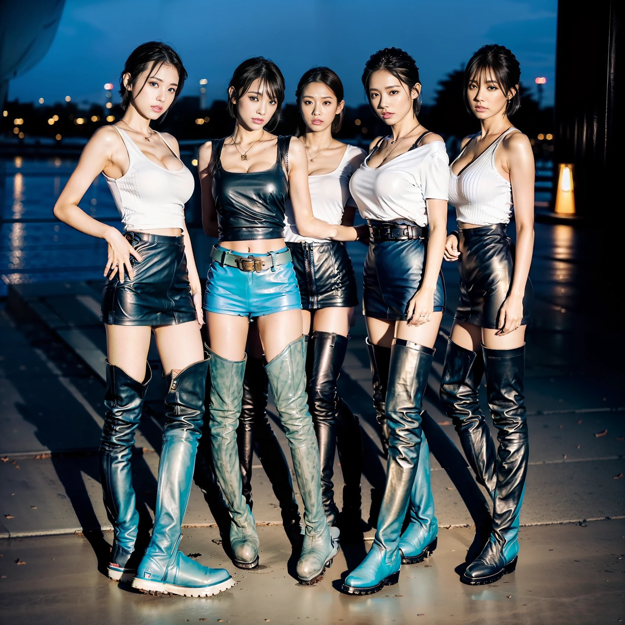 ((((7+girls)))), ((All light blue leather fashion))))), (Light blue short hair)))), ((Masterpiece)))), (Highest quality)))), (Realistic )))))), (16K)))))), (Detailed description))), (High contrast))))), ( Japan), ((Beauty))))), 20 years old, (Straight face))))), (Erotic)), (Sexy))))), (Wild))))), (Cool))))), (Super tall)))), (Super big breasts))))), (Looking at the camera), (Full body))), ( Leather pants)))), ((((((Leather boots)))))), ((Standing)))), (Professional Lighting))))), (Moonlight), (Tokyo)