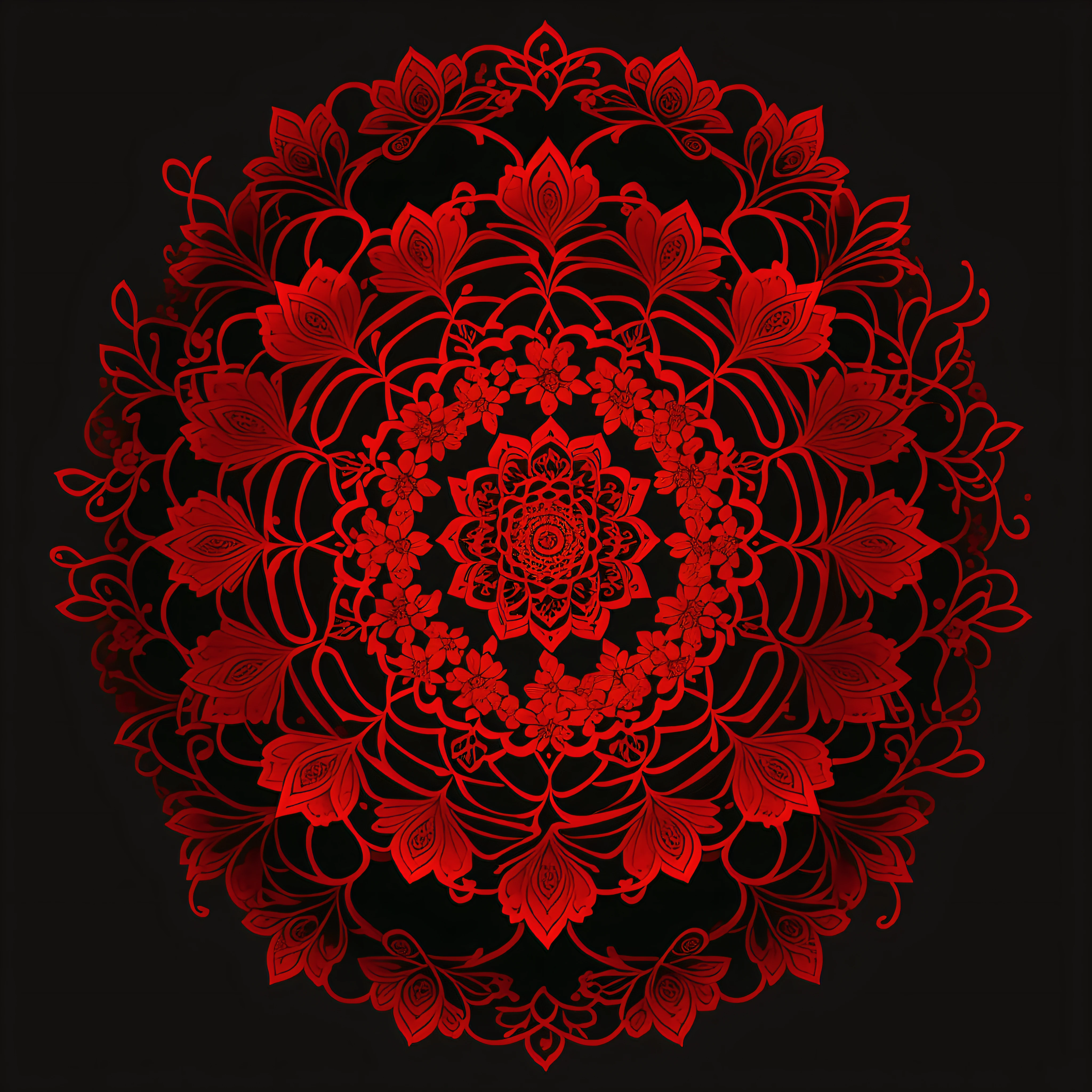 Illustration of mandala with flowers, flamboyant flower, center elements of leaves and branches, dark red color, 8k, brightness, nature, complete picture without cuts