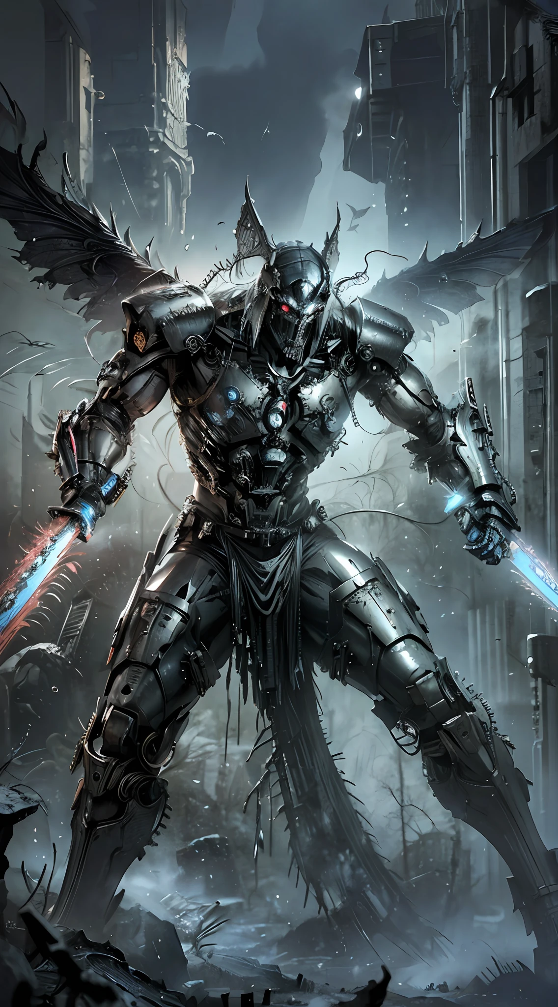 Huge metal wings, gears, (mechanical structure 1.1), extend beyond the frame
