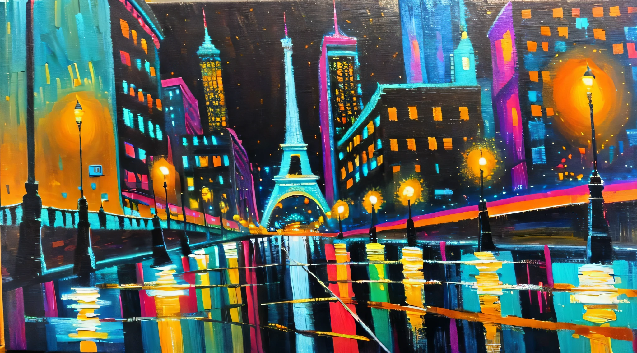 (Best quality),(masterpiece),(ultra detailed),(high detailed),(extremely detailed),A bustling cityscape at night with illuminated skyscrapers, busy streets, and vibrant nightlife.
Medium: Acrylic painting.
Canvas Size: 30 inches x 40 inches.
Color Palette: Bold and vibrant colors with contrasting tones.
Mood: Energetic and dynamic.
Composition: A diagonal composition with the city skyline stretching across the canvas.
Lighting: Neon lights, streetlights, and reflections on wet pavements.
Style: Contemporary with a hint of urban surrealism.
Brushwork: Expressive brushstrokes and thick impasto texture.
Details: Include bustling crowds, cars, and the glow of signs and billboards.
Inspiration: Urban photography and cityscapes by contemporary artists.
Camera Setup: None (since it's an acrylic painting).
Additional Notes: Focus on capturing the energy and vibrancy of the city at night. Experiment with perspective and create interesting reflections and light effects. Incorporate abstract elements to add a touch of creativity to the painting.