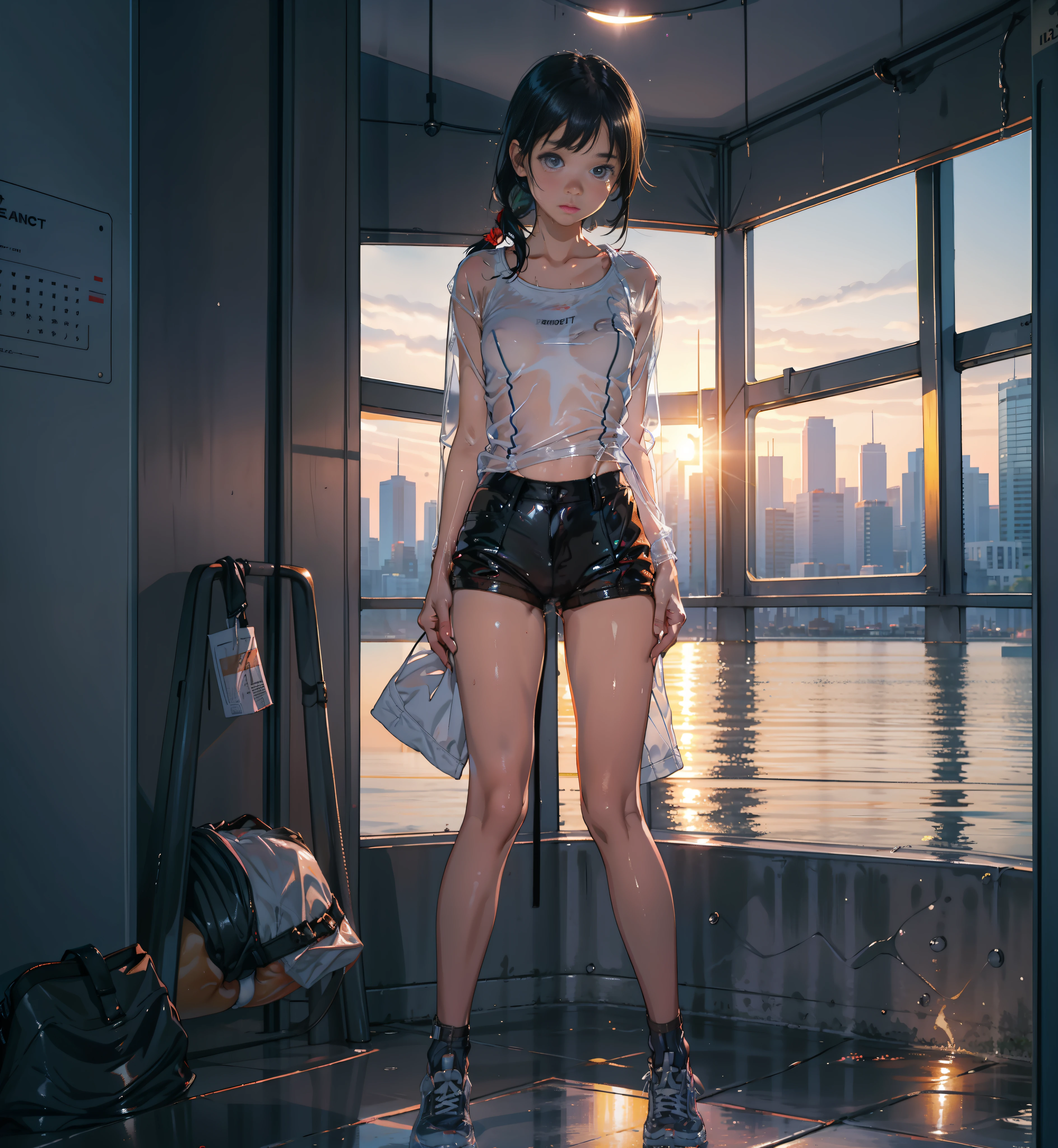 Best_quality，1_girl，8_year_old，thin_legs，tight_clothes，JC，open_legs，look_up，small_breast，wet_underwear，full_body：1.2，see_through,sunset_background