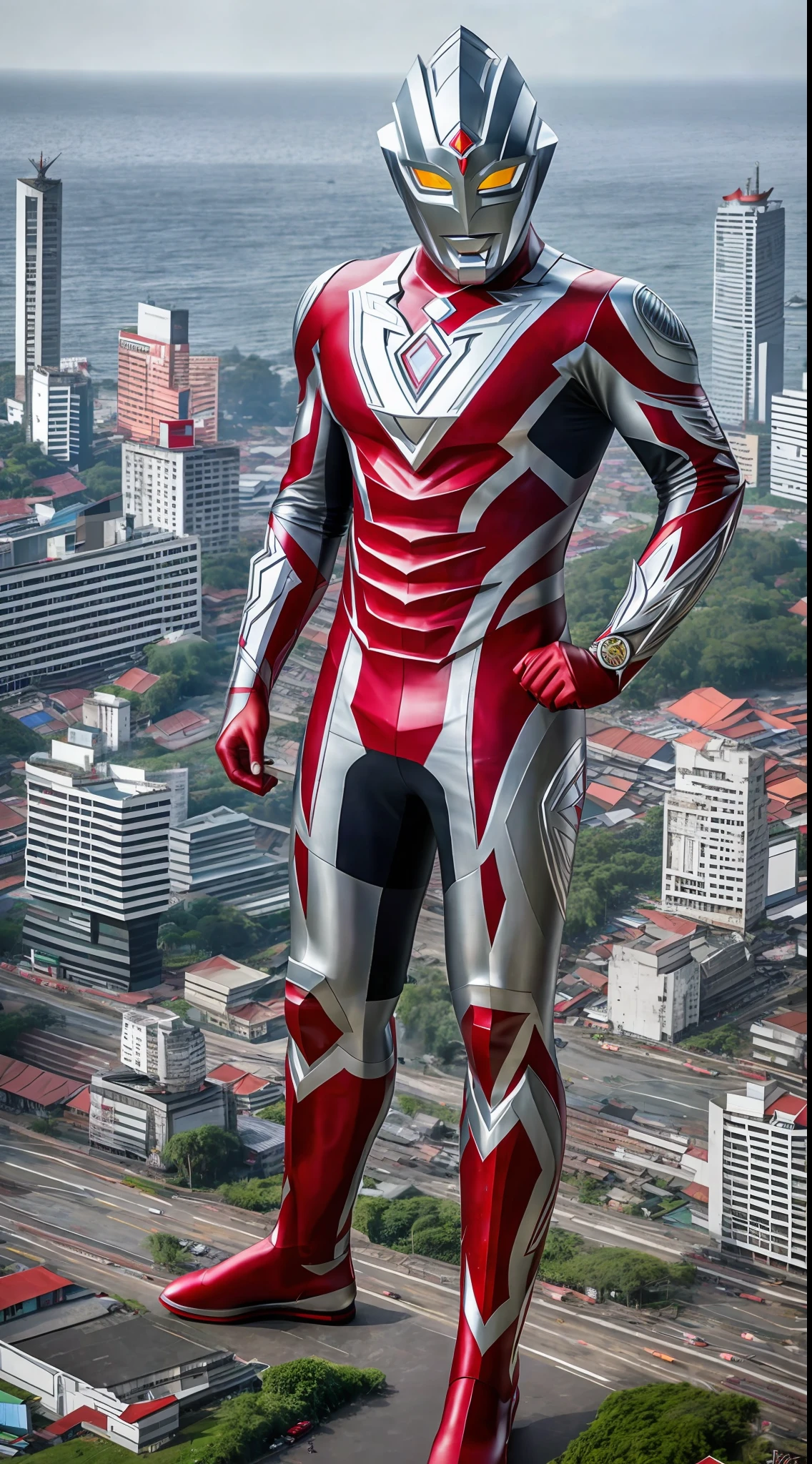 Indonesian Ultraman,(165feet height), [red|white], realistic, high detail raw photo, masterpiece, best quality, detailed, hyper realistic, (full body), detailed face, highly detailed, hdr, ((smooth)), sharp focus, look at viewer, (ruined Jakarta city), (((detailed background))),