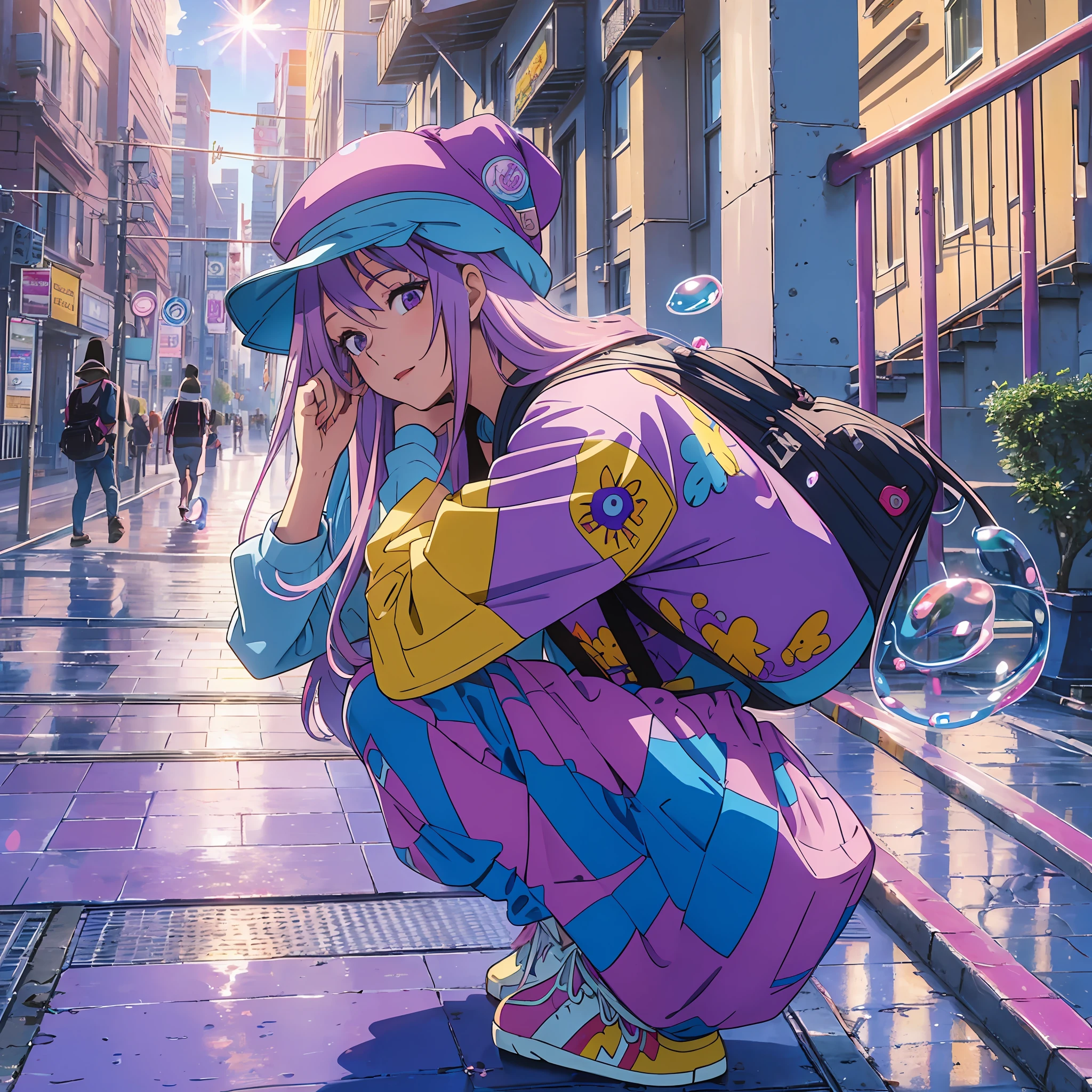 (Masterpiece), (Best Quality), (Extra Detail: 1.4), (Long Blue and Pink Hair), (Purple Eyes), (Bubble Gum), (Hip Hop Style), Purple Hat, (Carrying Yellow Backpack), Squatting on an Iron Railing, One Hand Hanging Between Your Feet, the Other on Your Cheek, and the Sun Rising from Behind --auto --s2