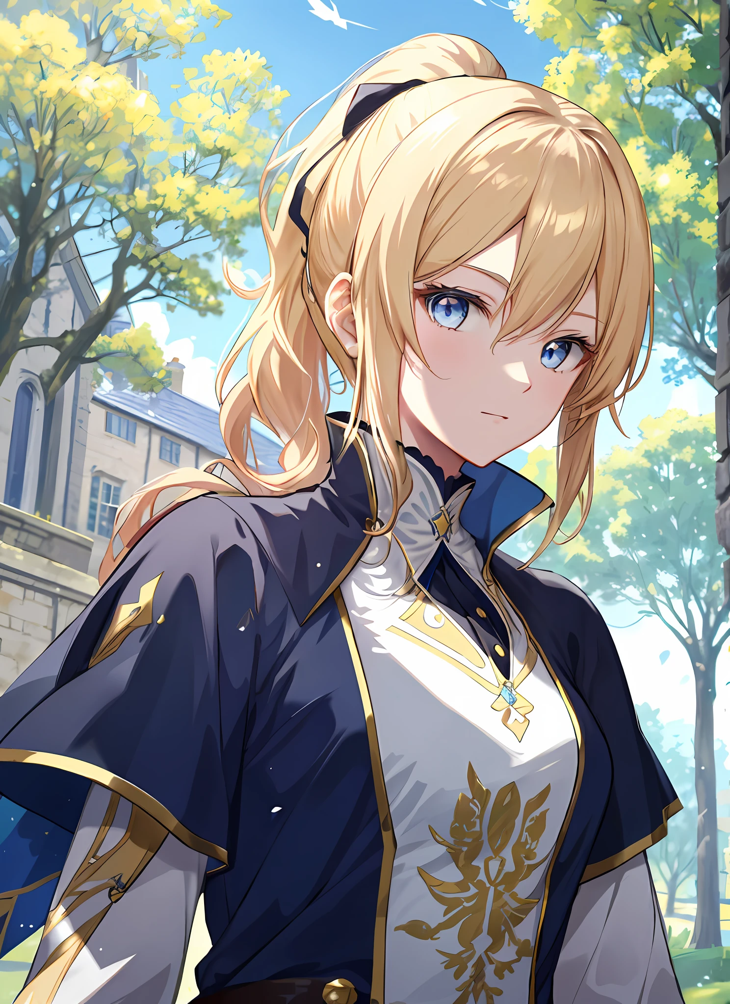 Elegant anime female characters, golden ponytail, extremely attractive eyes, medieval knight and aristocratic costumes, daytime, blue sky, sky, outdoors, under towering trees, cinematic lighting effects, large aperture portrait, dynamic pose, golden ratio, rich details