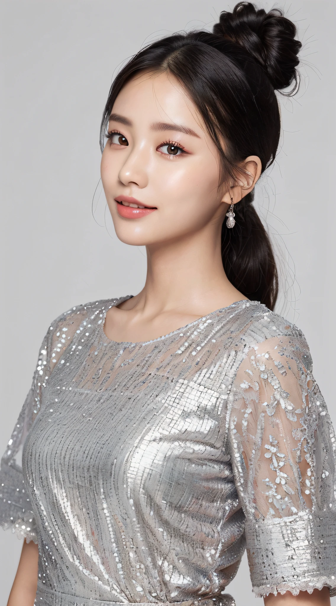 (Best quality, 8K, masterpiece:1.3)) , (one person: 1.4), 1girl, a Korean woman, a goddess, 25 years old, portrait photography, high contrast, God perspective, aperture F1.2, focal length 24mm, ( Full body: 1.2), smile, pose for photos, fine lace, slip dress, simple cut dress, brand dress, simple cut, long black hair, hair tied up, super detailed skin details, detailed fabric texture