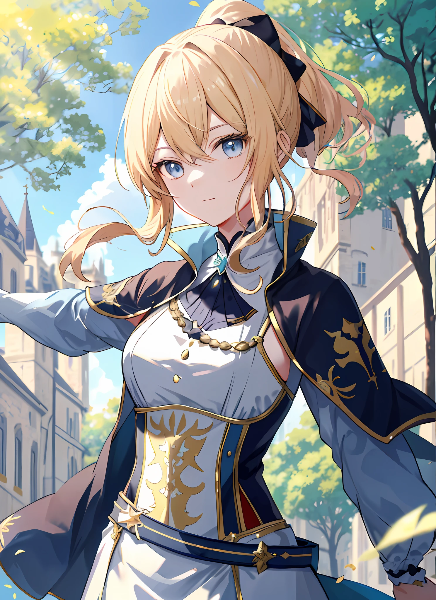 Elegant anime female characters, golden ponytail, extremely attractive eyes, medieval knight and aristocratic costumes, daytime, blue sky, sky, outdoors, under towering trees, cinematic lighting effects, large aperture portrait, dynamic pose, golden ratio, rich details