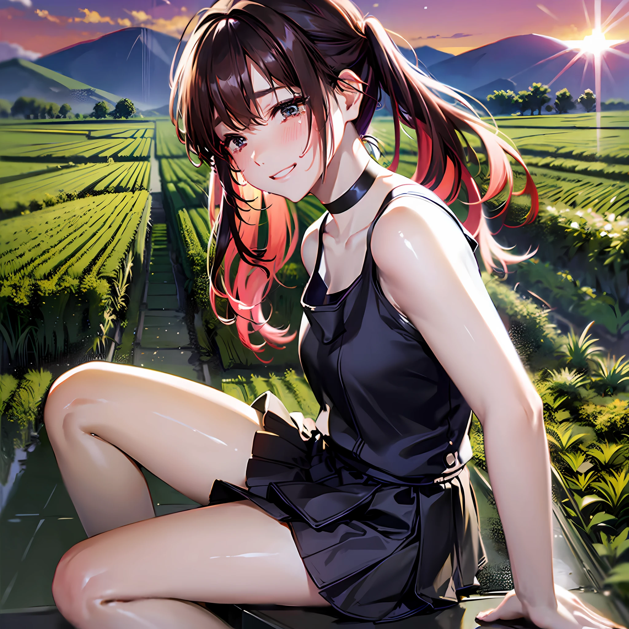 Top Quality, Best Masterpiece, 1 Woman, Solo, 20 Years Old, (Close Eyes: 1.4), Open Mouth, (sad Smile Crying: 1.4), (from side: 1.3), (Looking away: 1.4) Slender Body, Gold Hair, Low Twin Tails, Shiny Hair, Tank top with red lines on black, Check skirt, Black sneakers, Blush, evening, a lot of rice fields, a big sunset, sitting in the steppe, choker,