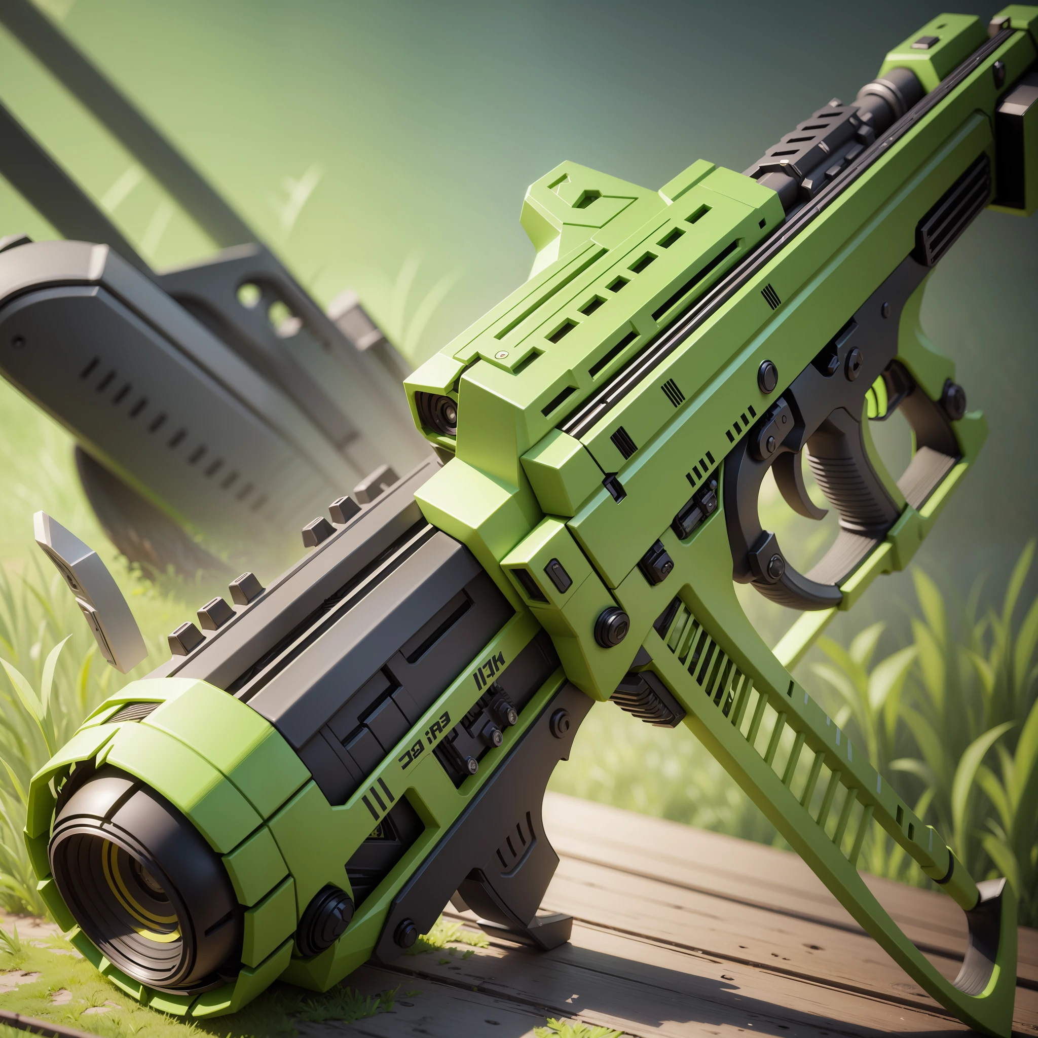 "((best quality)), ultra-detailed, 4k CG unity wallpaper, expertly crafted 3D design of a single weapon in green with yellow details." --auto --s2