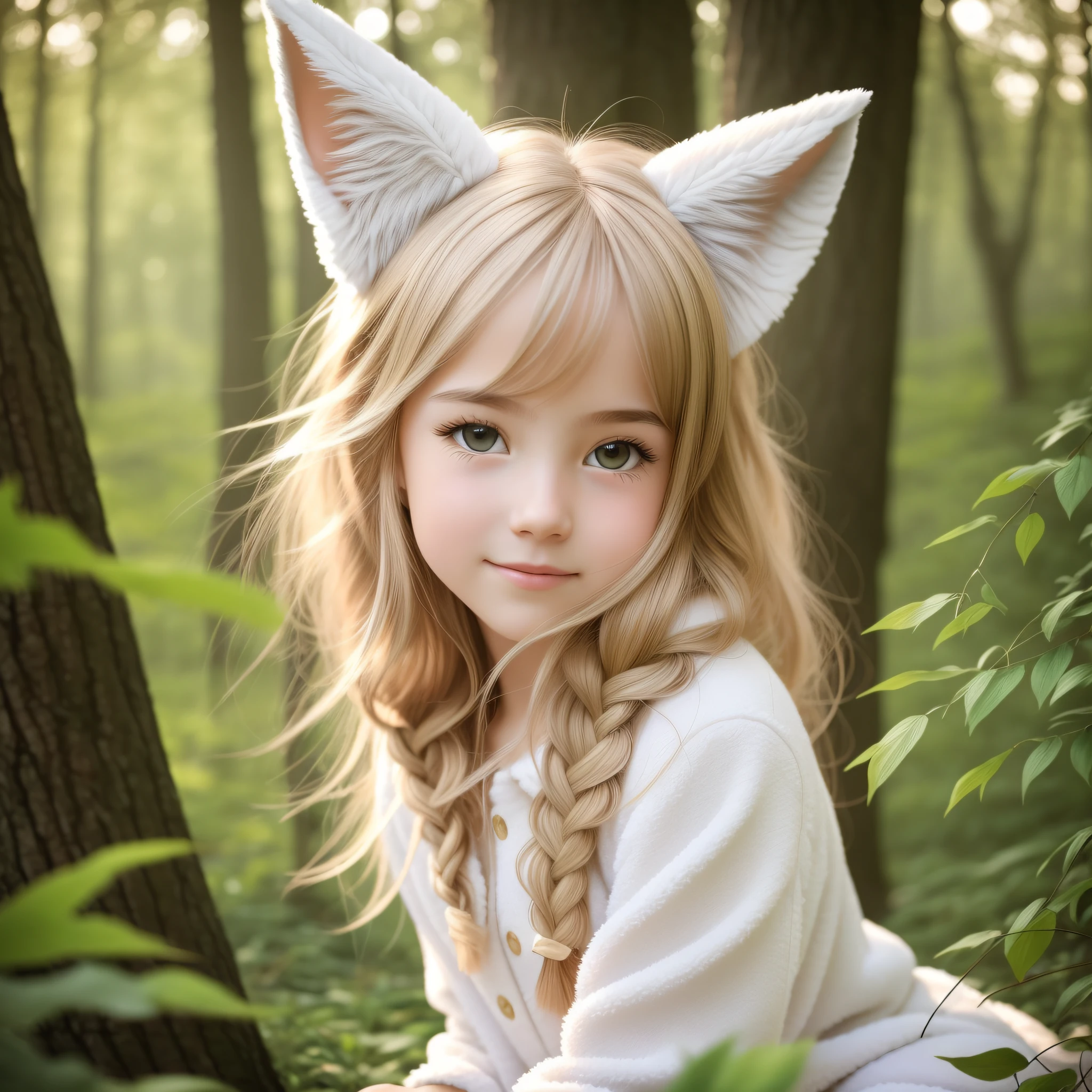 A professional high-quality photo, in 4K resolution, captures in realistic detail a charming girl in a fluffy white pajama with ears and foxtail. She is sitting in the middle of an enchanted forest, where every element is portrayed to perfection. The textures of the pajamas, ears and tail are sharp and palpable. Sunlight falls on the leaves and gently illuminates the girl's face, highlighting each delicate and charming expression --auto --s2