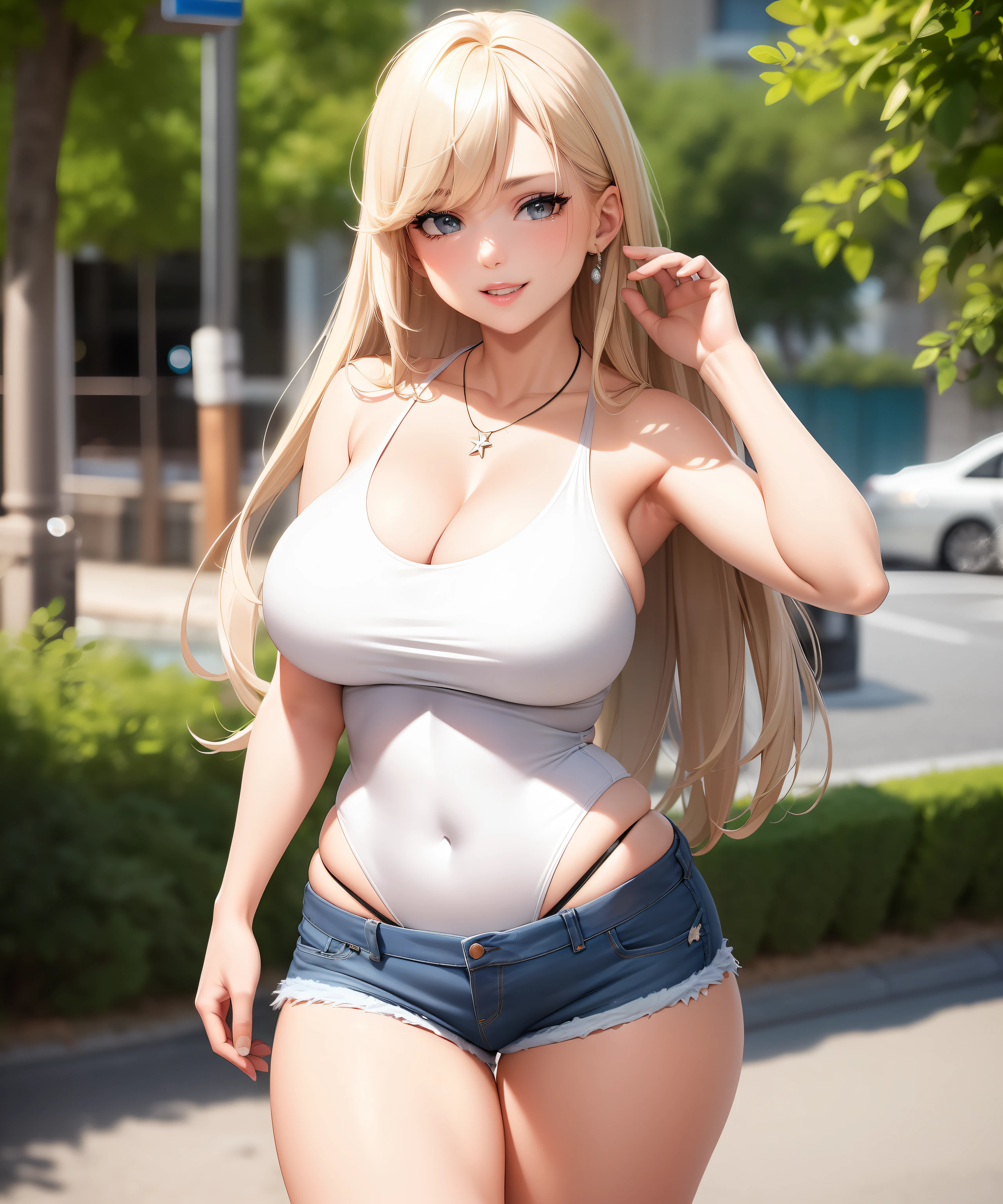 (Realistic: 1.5), Photorealistic, Octane Rendering, (Hyper Realistic: 1.2), Thick Hips, Wide Hips, Huge Hips, Standing, Dynamic Posture, Legs Spread, (Pink Panties: 1.3), High Hips, (Skin: 1.3), (Photorealistic Face :1.2),(1girl:1.4),(Giant Breasts:1.4),Thick Eyelashes,Long Eyelashes,Sleeve Straps,Necklace,(Skindentation:1.3),(Denim Short Shorts,White Tankini:1.3),Best Quality, 1girl, (Street:1.3),Outdoor,(Beach:1.2), Dynamic Posture, Smile, Lips Parted, Looking at the Viewer, Sharp Focus, (8k), (4k), (Masterpiece), (Best Quality), Fantasy, Extremely Detailed, Complex, Hyper-Detailed, (Perfect Face), Illustration, Soft Lighting (Mirror Lighting: 1,4),RAW photo,detailed fingers,beautiful hands,