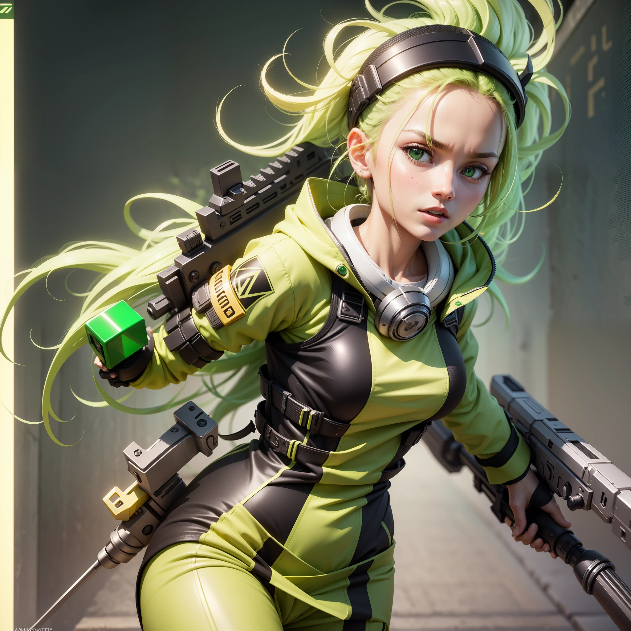 "((best quality)), ultra-detailed, 4k CG unity wallpaper, expertly crafted 3D design of a single weapon in green with yellow details." --auto --s2