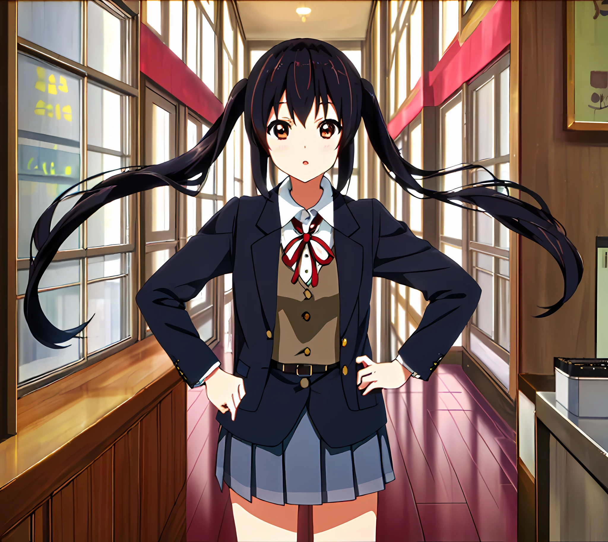1girl, ((((Masterpiece))), Best Quality, Best Quality, High Detail, Azusa Nakano, 1girl, Sakuragaoka High School Uniform, Musical Instrument, School Uniform, Twin Tails, Long Hair, Black Hair, Brown Eyes, Solo, Red, Dark blue blazer with a thin ribbon of red, Solid white button shirt under blazer, Illustration, Cartoon, Soothing tones, Muted colors, Soft cinematic light, Adobe Lightroom, Photo Lab, HDR, complex and highly detailed, (((depth of field))))). (((Masterpiece))). (((highest quality))).) ((super detail))). Put your hands on your hips, stretch your chest, and sunset.
