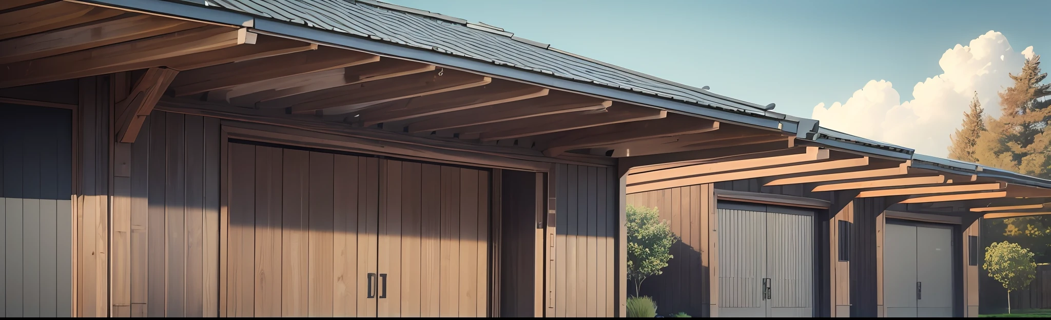 There is a garage with two brown doors, a roof with coffee-colored tiles, and a pointed roof. On the side there is a sign, white wood-paneled siding, facing the front, stunning image, close-up image, wooden accent, frontal panorama, beautiful image, close-up image, realistic - H 6 4 0, wide-angle appearance 2022, 3/4 view, 3 / 4 view, subtle details --auto --s2